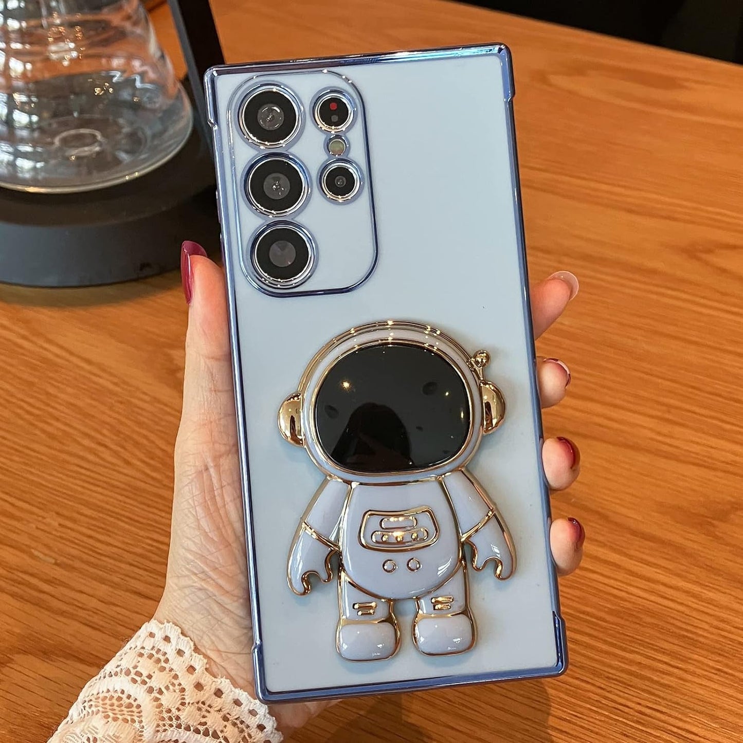 AIGOMARA 6D Plating Astronaut Hidden Stand Case Cover for Samsung Galaxy S23 Ultra 5G Women Astronaut Folding Bracket Kickstand Iphone Case with Camera Protector Soft TPU Shockproof Bumper - Blue