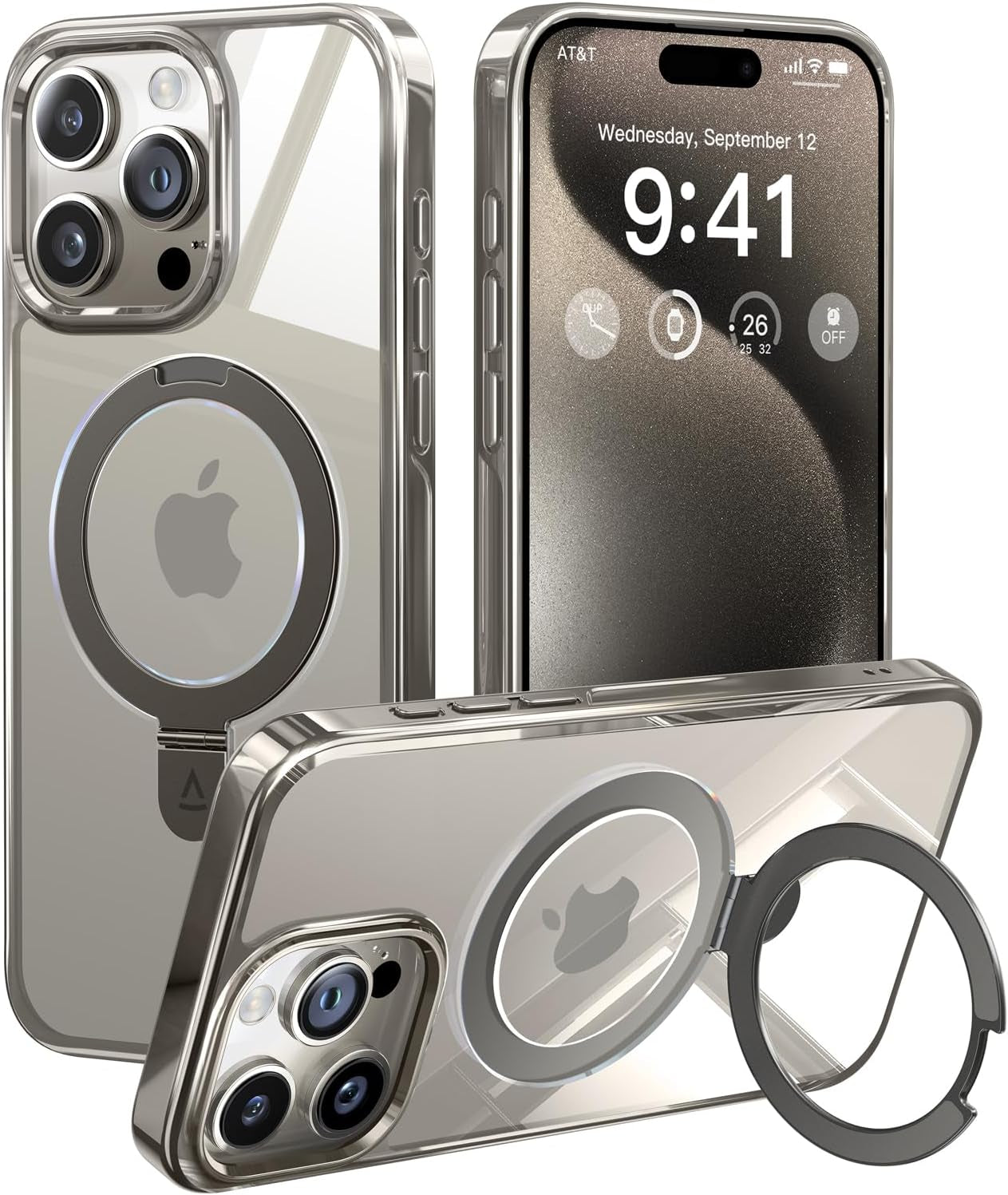 Alphex Invisible Stand Magnetic for Iphone 15 Pro Max Case, Compatible with Magsafe, Official Match for Iphone, 12FT Military Grade Shockproof Phone Cover 6.7 Inch, Natural Titanium, Gray Alphex