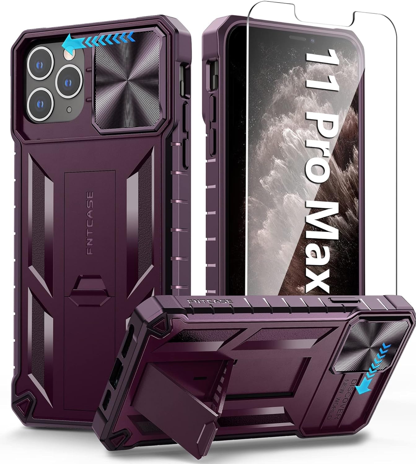 FNTCASE for Iphone 15 Pro Case: Military Grade Drop & Shock Protection Cell Phone Cover with Kickstand & Slide | Rugged Protective Bumper Textured | Heavy Duty Protector(Blue) FNTCASE Burgundy For Iphone 11 Pro Max (6.5 Inch)