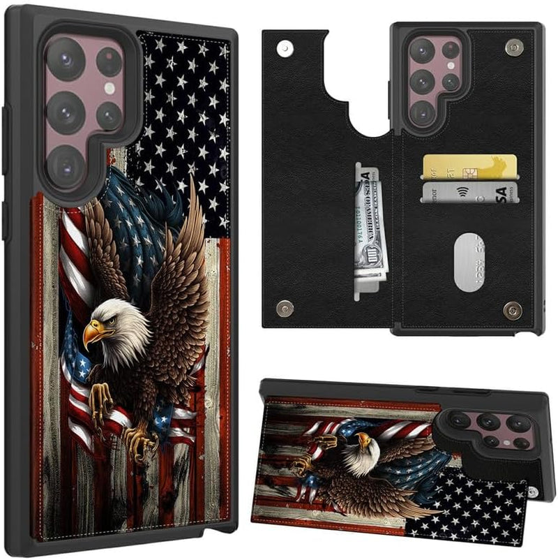 Case for Samsung Galaxy A14 5G Wallet Phone Case with Card Holder,Pu Leather Kickstand Card Slot Cover for Women Men (Dual Magnetic Clasp+Rfid Blocking)-Bald Eagle with Flag