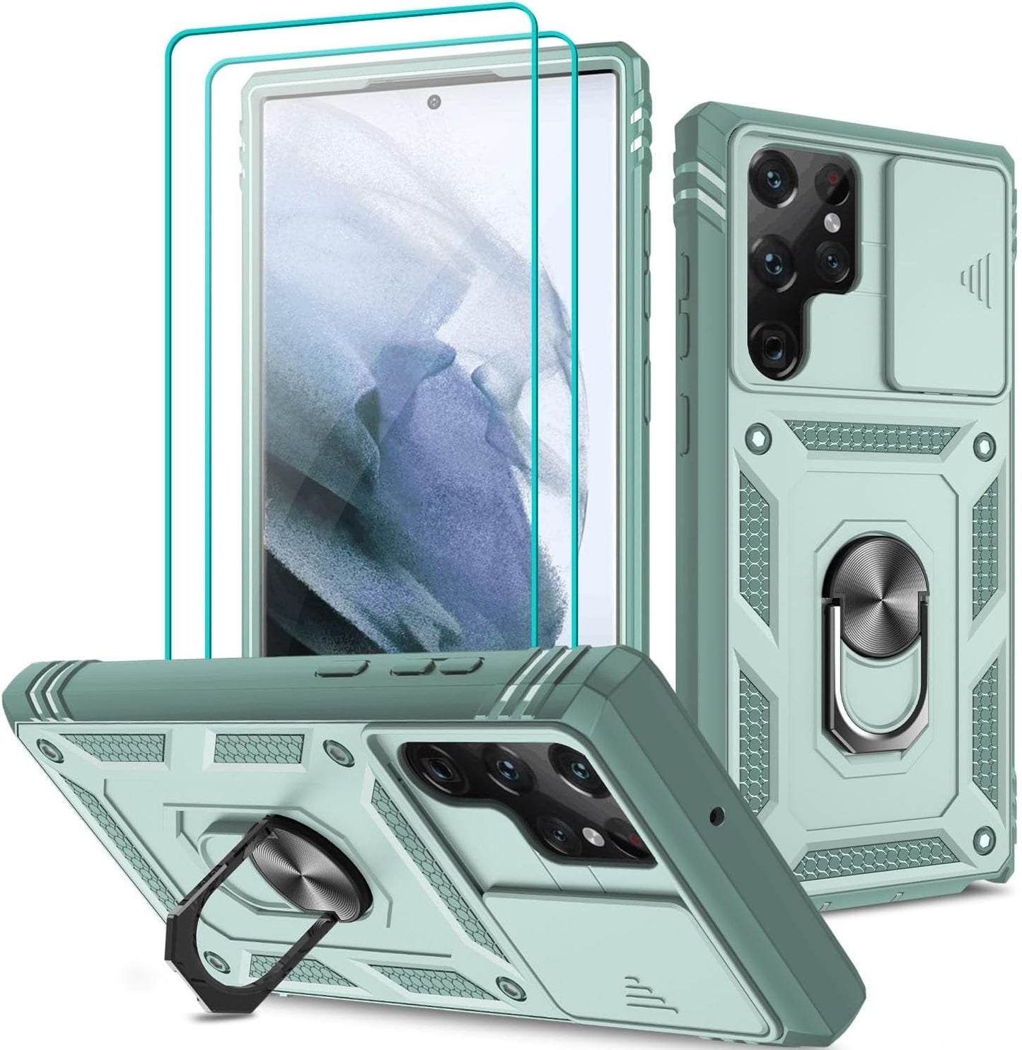 For Samsung Galaxy S22 Ultra Case with Slide Camera Cover & Screen Protector*2, S22 Ultra Case Build in 360° Rotating Ring Kickstand, Military Grade Protective Case for Galaxy S22 Ultra Case, Black