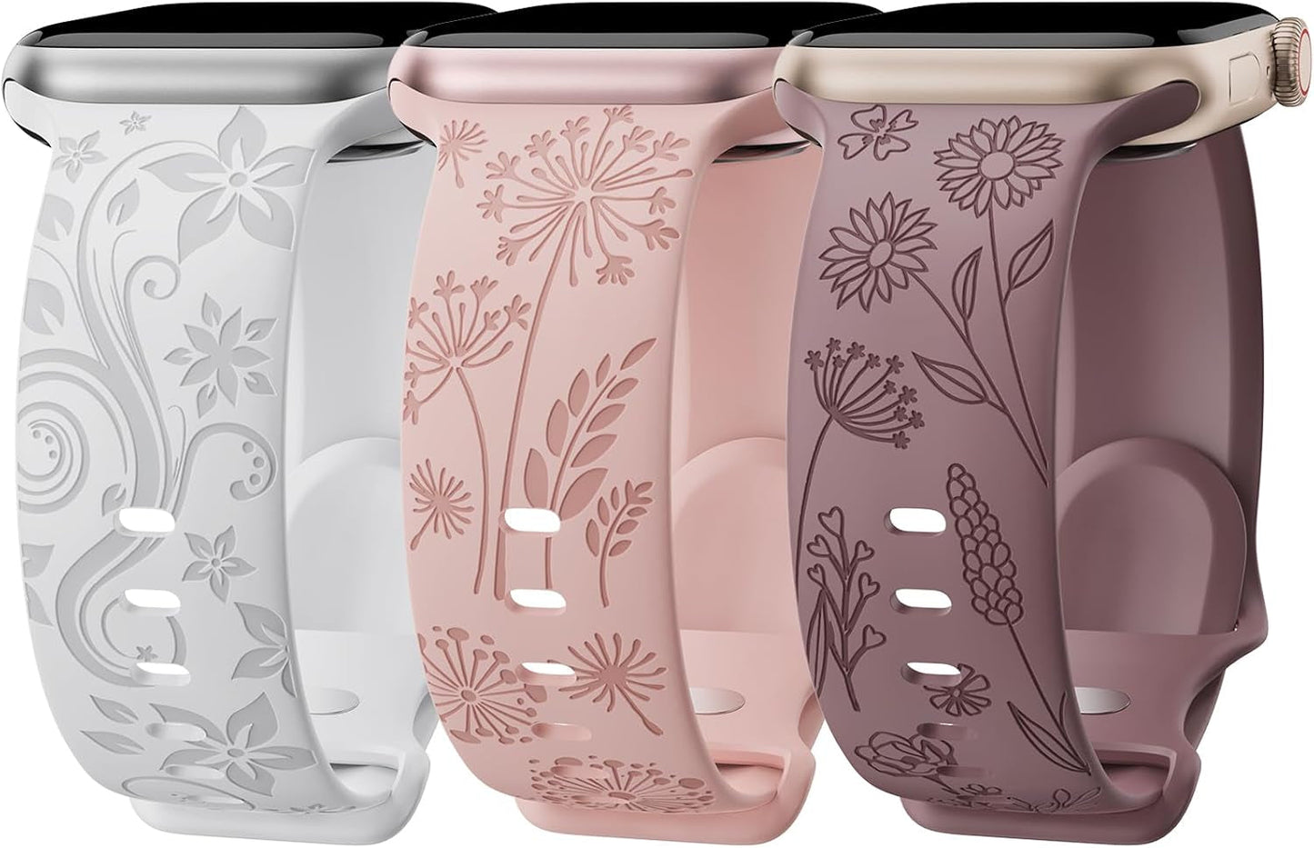 3 Pack Floral Engraved Bands Compatible with Apple Watch Band for Women 38Mm 40Mm 41Mm 42Mm 44Mm 45Mm 49Mm, Cute Flower Laser Pattern Soft Silicone Strap for Iwatch Series Ultra SE 9 8 7 6 5 4 3 2 1