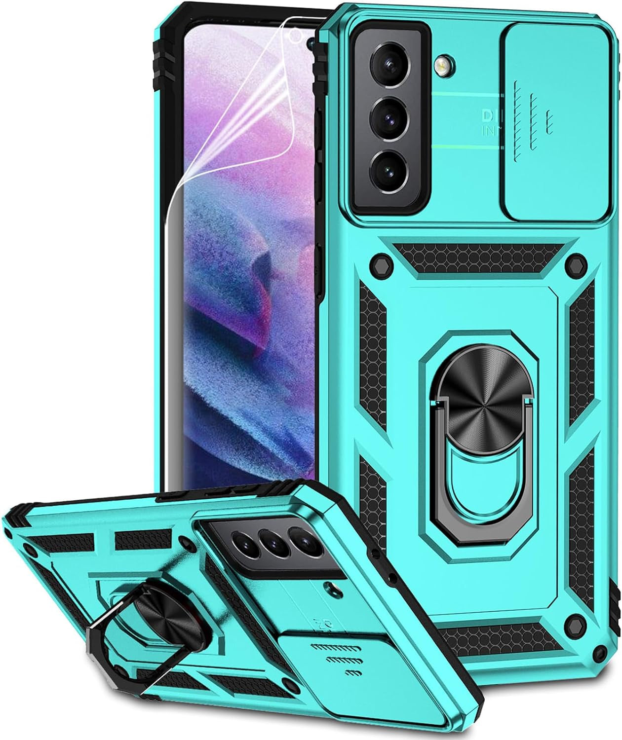 For Samsung Galaxy S21 plus Case with Camera Lens Cover HD Screen Protector, Military-Grade Drop Tested Magnetic Ring Holder Kickstand Protective Phone Case for Samsung Galaxy S21+ plus 5G (Navy Blue) JINZHI Inc Mint With Camera Cover Military-Grade 2Nd Gen