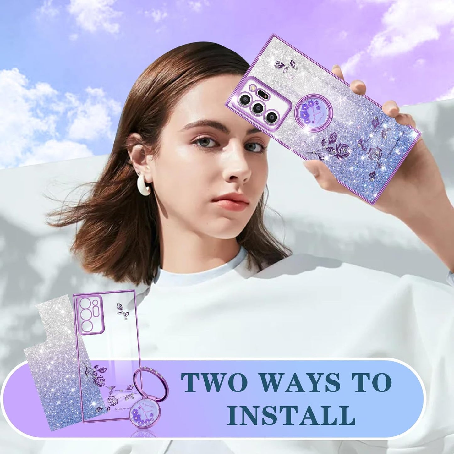 Coralogo (3In1 for Samsung Galaxy Note 20 Ultra Case Glitter Sparkly for Women Girls Bling Shiny Phone Cover Cute Flowers Floral Design with Ring Pretty Purple Cases for Galaxy Note 20 Ultra 5G 6.9'' Coralogo