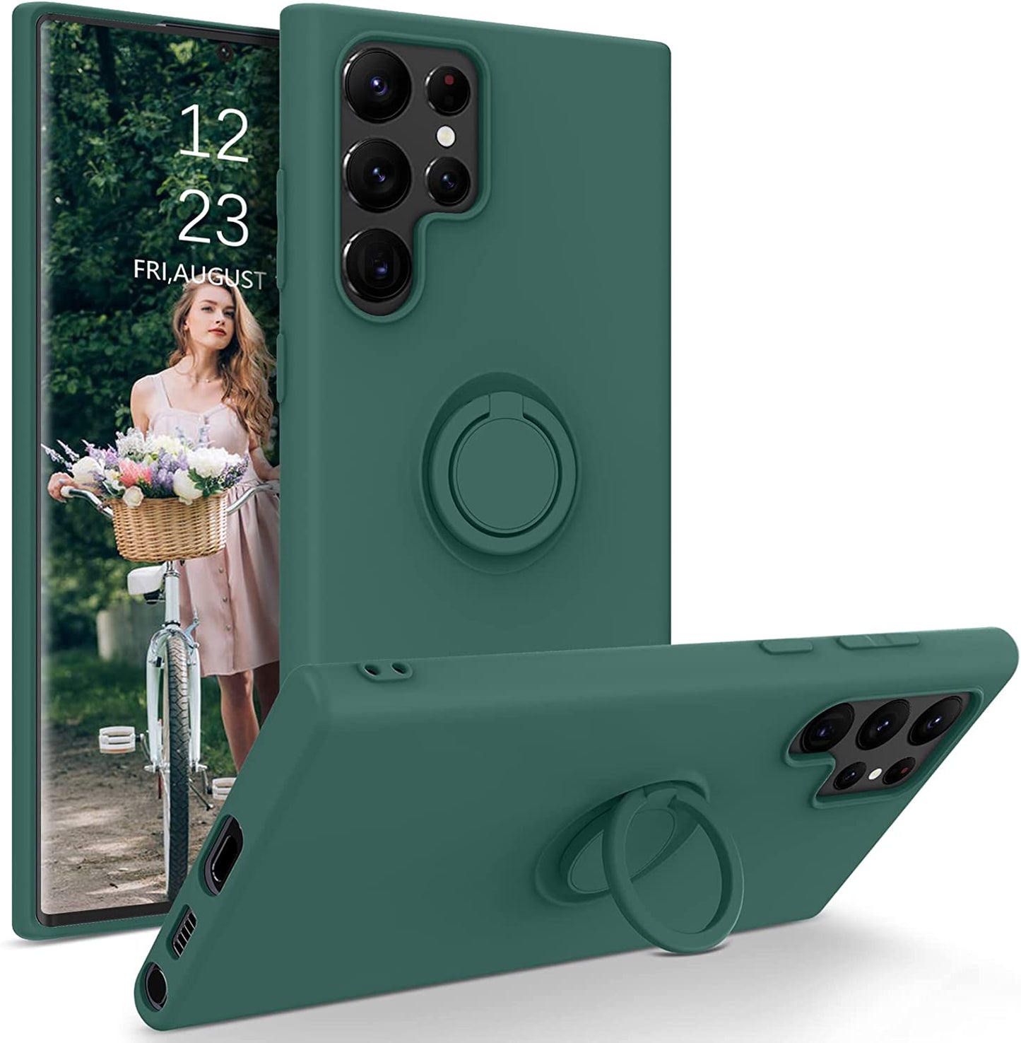 DUEDUE for Samsung Galaxy S22 Ultra 5G Case, Liquid Silicone Slim Soft Gel Rubber Cover with Ring Kickstand Car Mount Function Shockproof Protective Phone Case for Samsung S22 Ultra 6.8", Orange DUEDUE 969-Pine Green