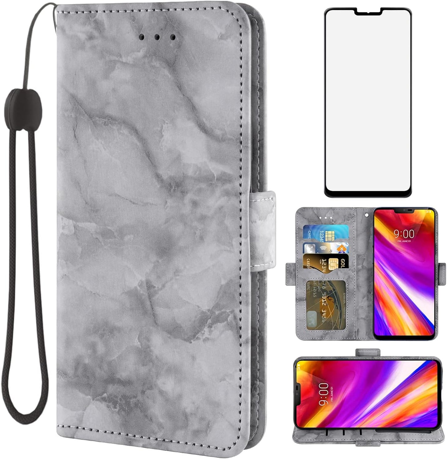 Asuwish Compatible with LG G7 Thinq Case and Tempered Glass Screen Protector Card Holder Kickstand Marble Wallet Phone Covers for LGG7 One G 7 plus LG7 Lg7Thinq 7G Thin Q G7+ G7Thinq Lgg7Thinq Purple Asuwish Black