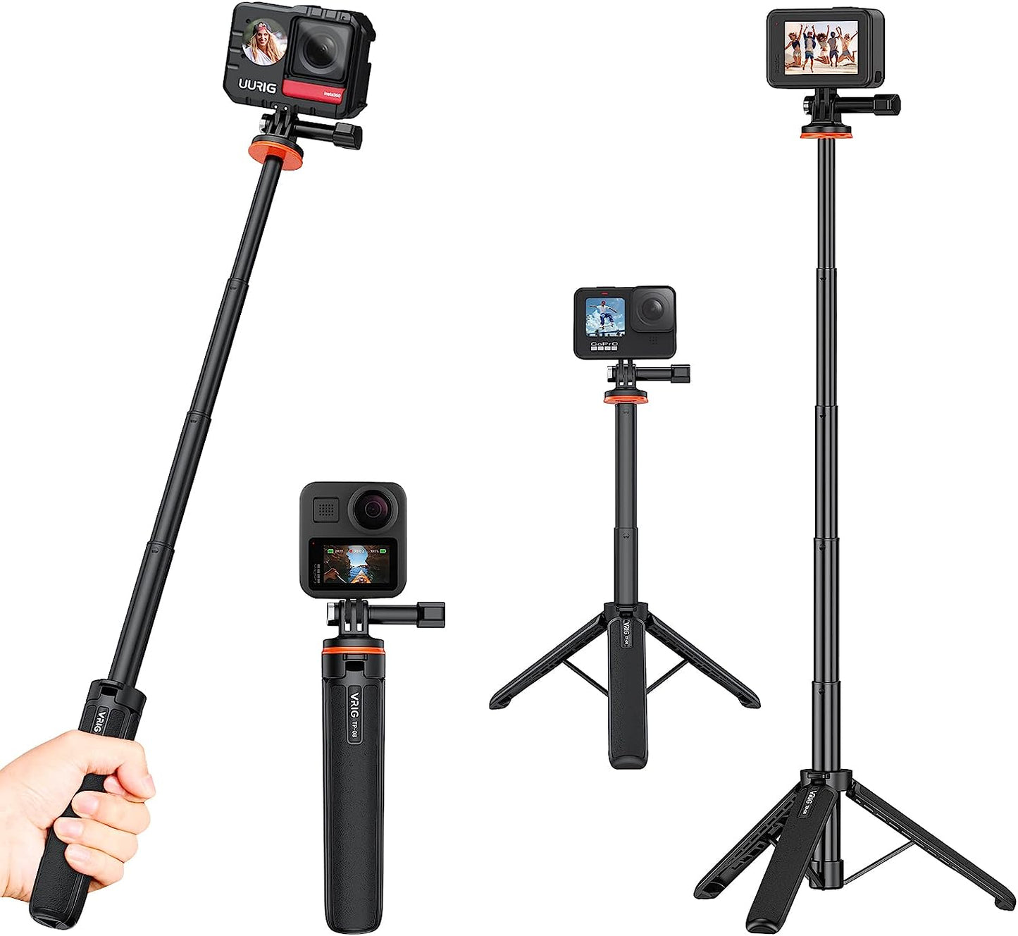Uurig Telescopic Selfie Stick Long with Tripod, Waterproof Hand Grip, for Insta360 Gopro Hero 10 9 8 7 6 5 4 3 2, Fusion, Max, Session, AKASO, SJCAM, DJI OSMO Action Cameras VRIG Select A0040