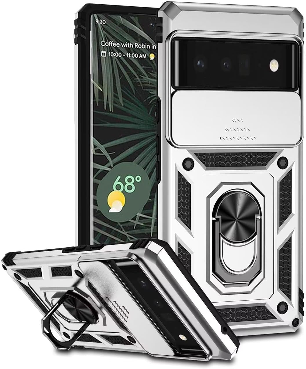 Yodueiv for Pixel 6 Pro Case, Google 6 Pro G8VOU with Slide Camera Cover, Magnetic Ring Car Mount Holder Kickstand Protective Cases Cover for Google Pixel 6 Pro 5G Green Yodueiv Silver