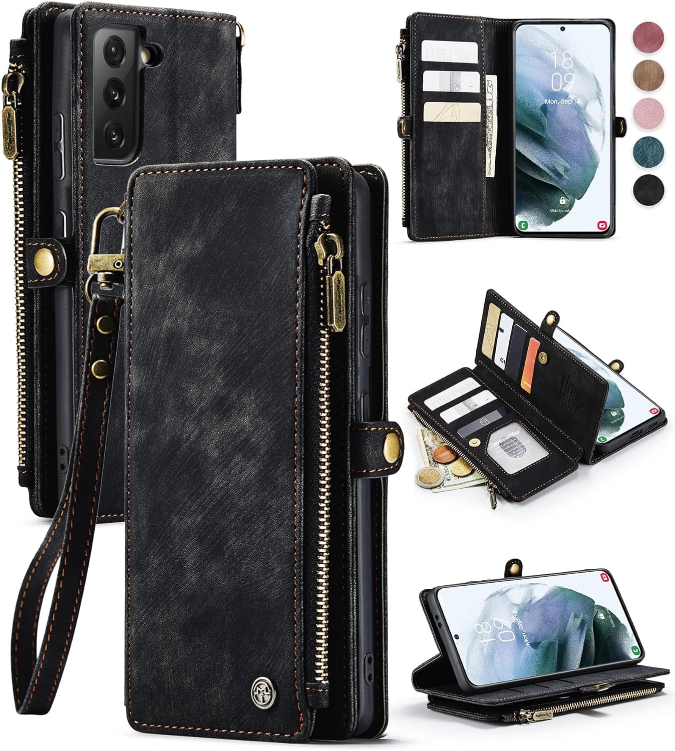 Defencase for Samsung Galaxy S21 Case, RFID Blocking Galaxy S21 Case Wallet for Women and Men with Card Holder, PU Leather Wrist Strap Zipper Pocket Magnetic Flip Phone Case for Samsung S21 5G, Black Defencase Fashion Black