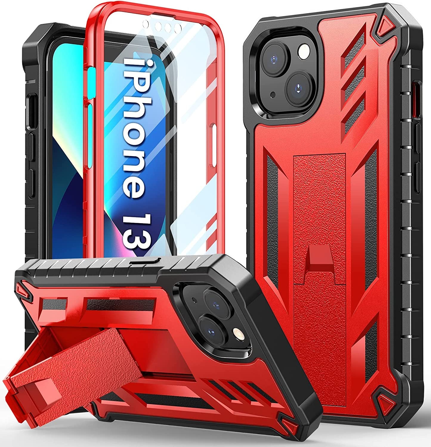 For Iphone 13 Case Protective Cover: Iphone 14 Case Heavy Duty Military Grade Hard Protection Shock Proof Grip | Durable Dual-Layer Design Iphone 13-14 Phone Case with Built-In Kickstand Orange DAMAI Red