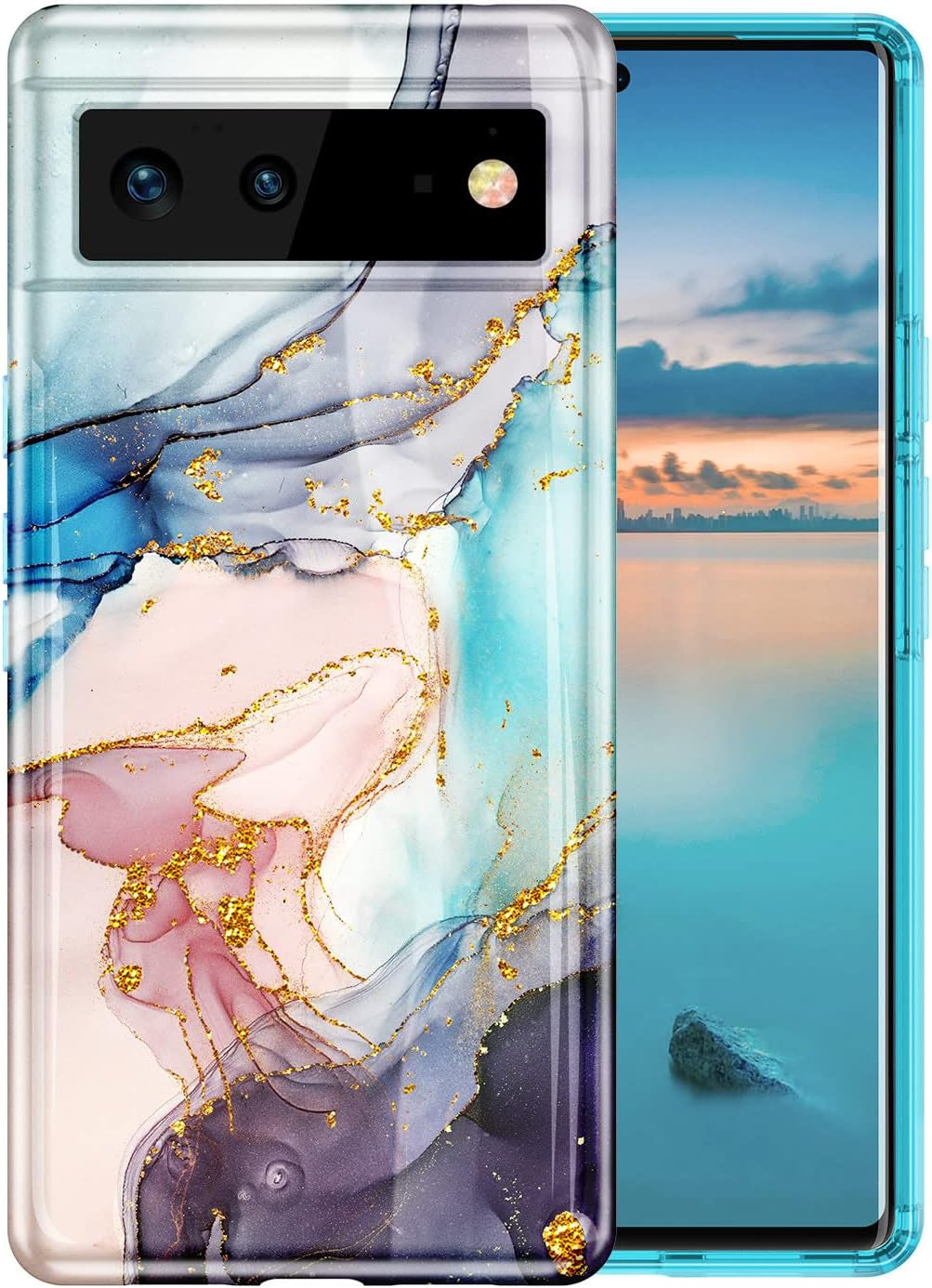 Btscase Gold Glitter Marble - Slim Shockproof Protective Cover for Google Pixel 6 (2021) - Blue/Drift Sand Btscase Blue Gray