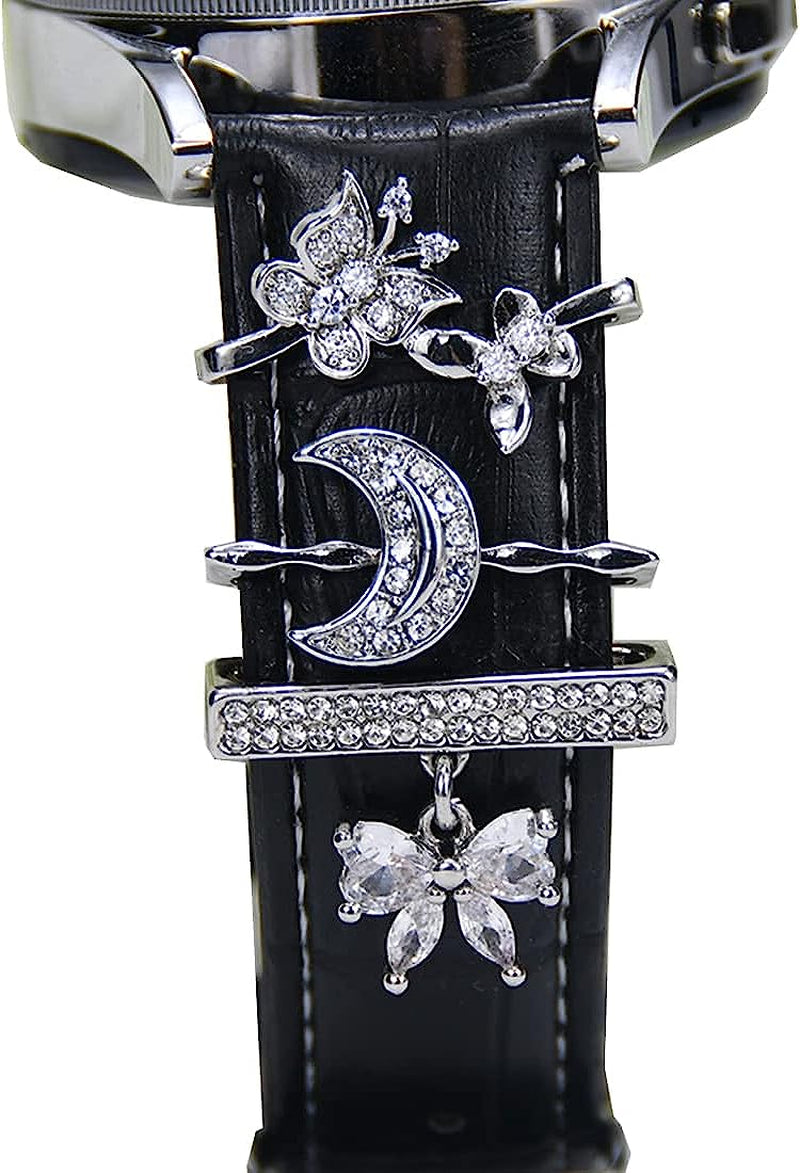 Watch Band Charms - Decorative Rings Loops Compatible with Apple Watch Silicone Leather Bands Charms 49Mm 45Mm 44Mm 42Mm 41Mm 40Mm 38Mm,Metal Diamond Charms Slide Strap Accessories Charms for Iwatch Series 9 8 7 6 5 4 3 2 1 Samsung Galaxy , Fitbit SUNOREEK silver butterfly moon