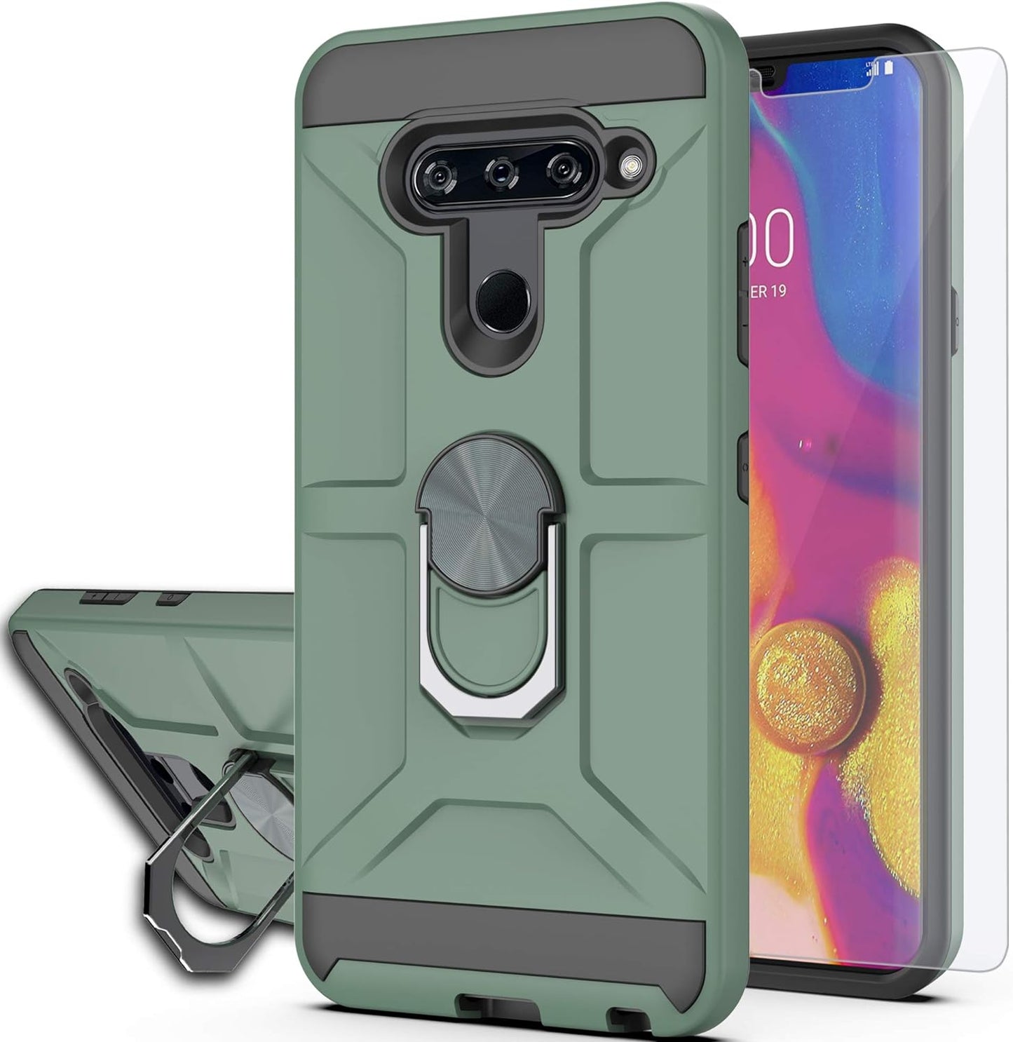 Ymhxcy Phone Case Compatible with LG V40/V40 Thinq Case with HD Screen Protector,360 Degree Rotating Ring Kickstand Holder Dual Layers of Shockproof Phone Case for LG V40-ZS Mint YmhxcY Zs-Dark Green