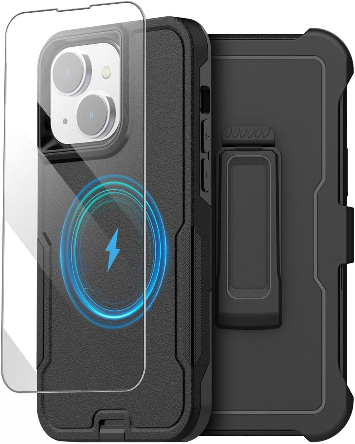 Aicase for Iphone 13 Case with Glass Screen Protector,Heavy Duty Drop Protection Full Body Rugged Shockproof Military Protective Tough Durable Cover for Iphone 13 6.1"_4 AICase Black With Magsafe+Belt
