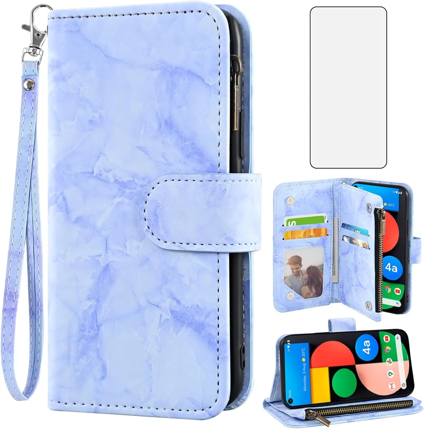 Asuwish Phone Case for Google Pixel 4A 5G 6.2 Wallet Cell Cover with Tempered Glass Screen Protector and Marble Leather Flip Credit Card Holder Slot Stand Pixel4A5G UW Pixel4A 5G Pixle A4 G5 4A5G Pink Asuwish Purple For Pixel 4A 5G