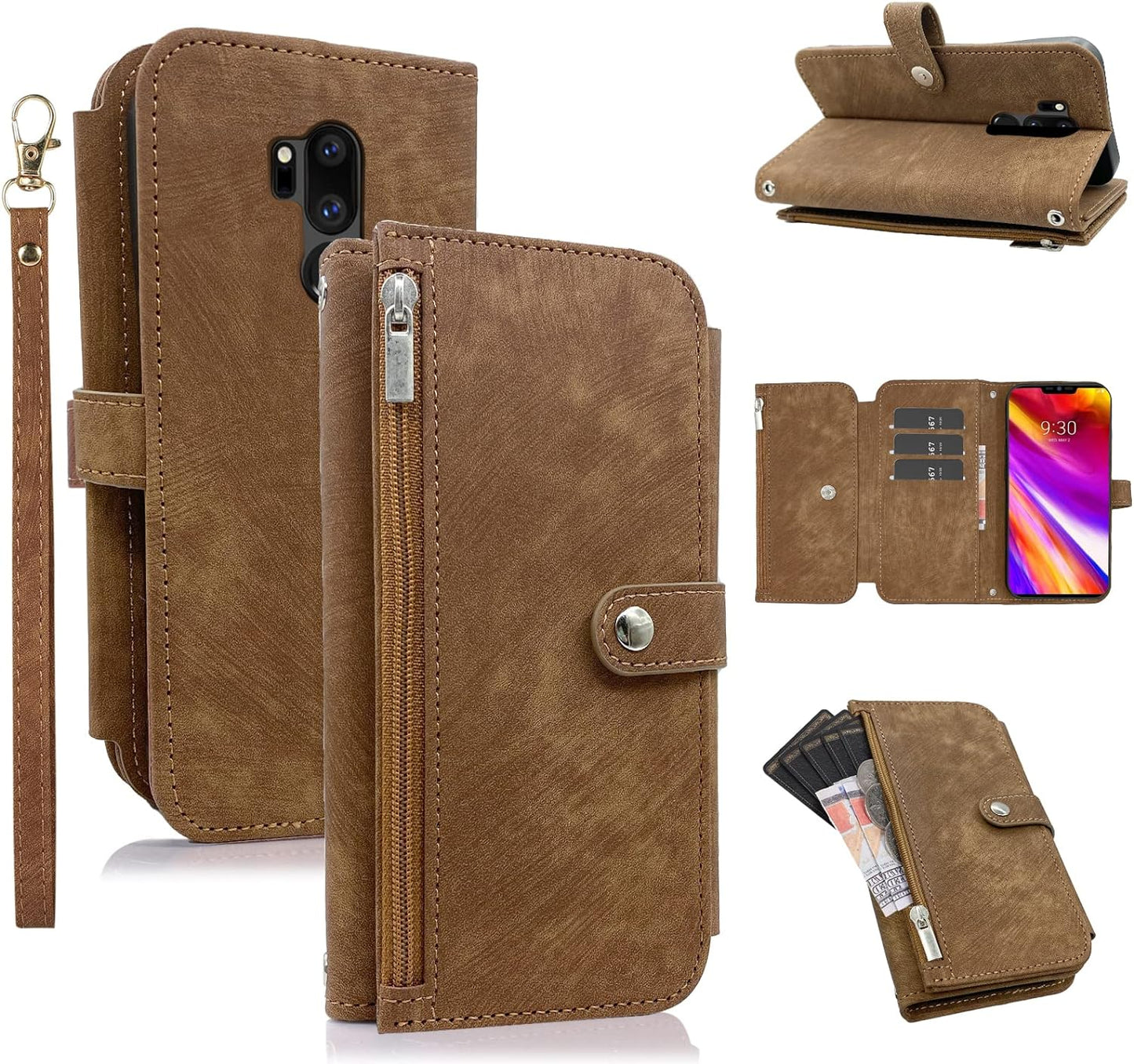 Compatible with LG G7 Thinq Wallet Case 9 Card Slots Retro Leather Flip Credit Card Holdercell Phone Cover for LGG7 One G 7 plus LG7 Fit Lg7Thinq 7G Thin Q G7+ G7Thinq Lgg7Thinq Women Men Green Furiet Brown