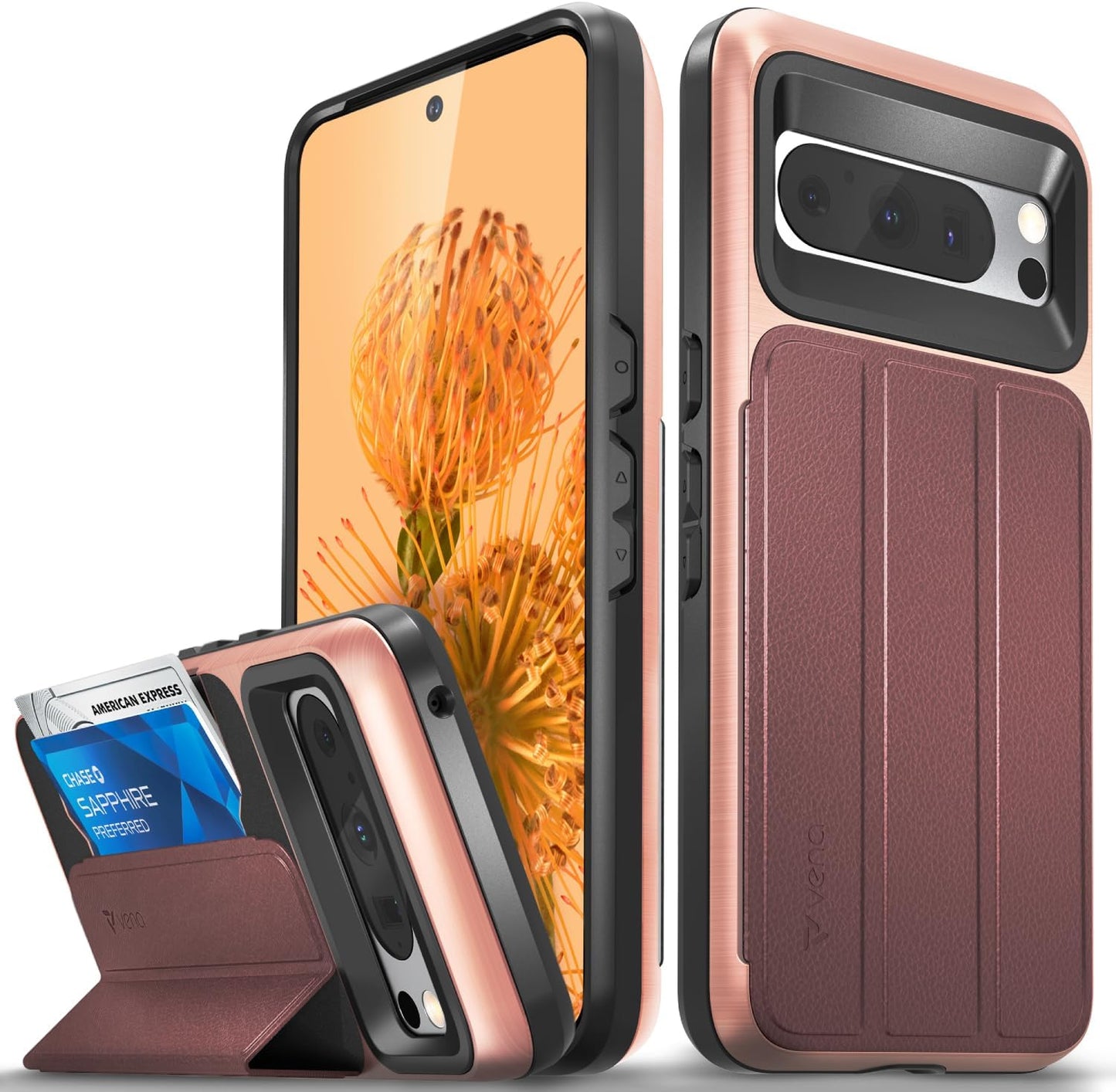 VENA Vcommute Wallet Case Compatible with Google Pixel 8 Pro (2023), (Military Grade Drop Protection) Flip Leather Cover Card Slot Holder with Kickstand - Space Gray Vena Rose Gold / Red / Black