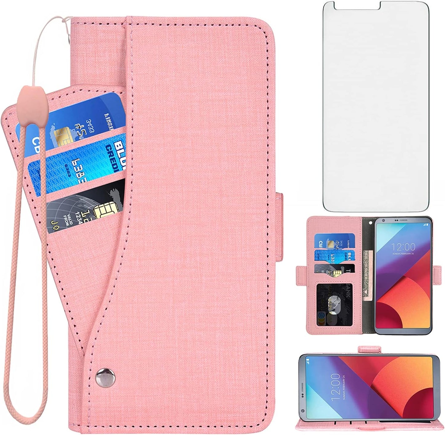 Asuwish Compatible with LG G6 Wallet Case Tempered Glass Screen Protector and Leather Flip Cover Card Holder Stand Cell Phone Cases for LGG6 Thinq LG6 Thin Q G 6 plus G6+ 6G VS988 H872 Women Men Gray NSS Pink