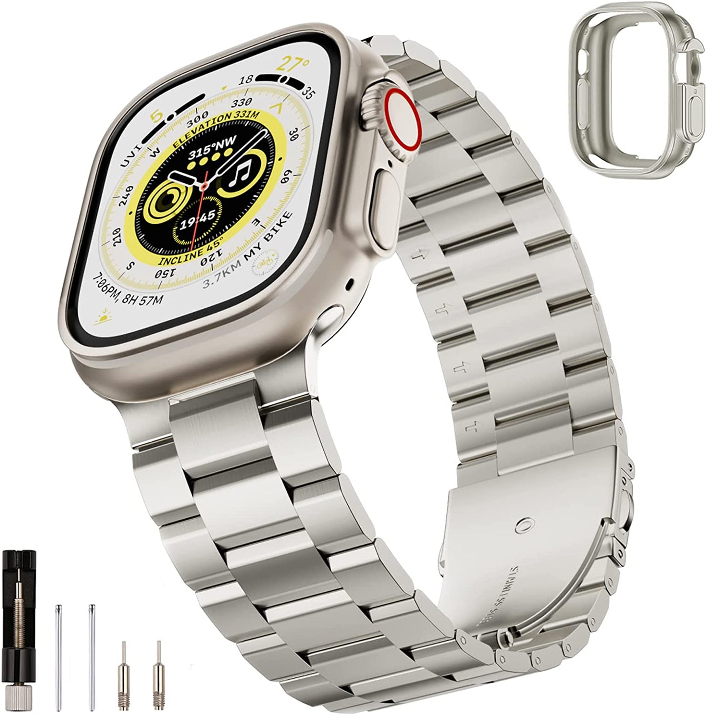 SUNFWR Compatible with Apple Watch Band 45Mm 44Mm 42Mm for Men Women, Stainless Steel Metal Iwatch Band with Case for Apple Watch Series 8/7/6/5/4/3/2/1/SE/SE2 (Black, 42Mm/44Mm/45Mm) SUNFWR Starlight 49mm