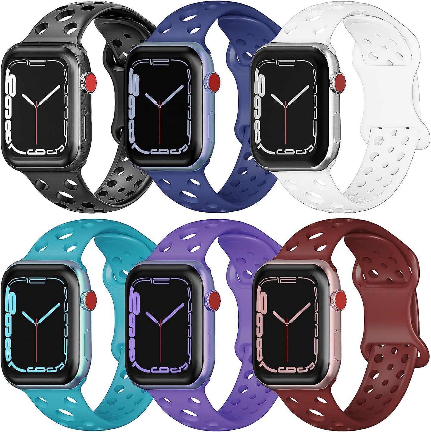 Wohben 6 Pack Sport Bands Compatible with Apple Watch Band 38Mm 40Mm 41Mm 42Mm 44Mm 45Mm Women Men, Breathable Soft Silicone Bands Waterproof Replacement Strap for Iwatch Series 7 6 5 4 3 2 1 SE Wohben black/white/navy blue/lake teal/plum purple/claret 42/44/45/49MM