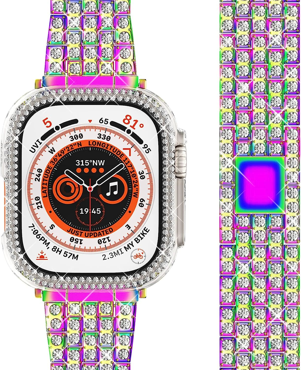 QVLANG Compatible Apple Watch Band Ultra 49Mm, Bling Series Band for Women + Diamond Rhinestone Case, Stainless Steel Metal Bracelet Strap for Iwatch Ultra (Silver, 49Mm) QVLANG Colorful 49 mm