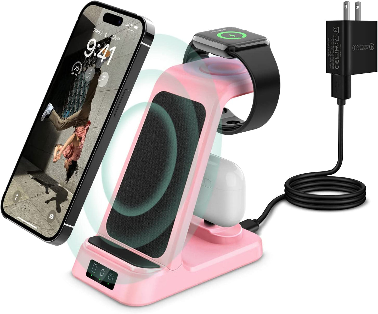 DDUAN Wireless Charging Station, 3 in 1 Fast Charger Stand, Wireless Charger for Iphone14/13/12/11/Pro/Max/X/Xs/Max/Xr/8 & Apple Watch 8/7/Se2/Airpods1 2/Pro1 2(QC3.0 Adapter) DDUAN Pink