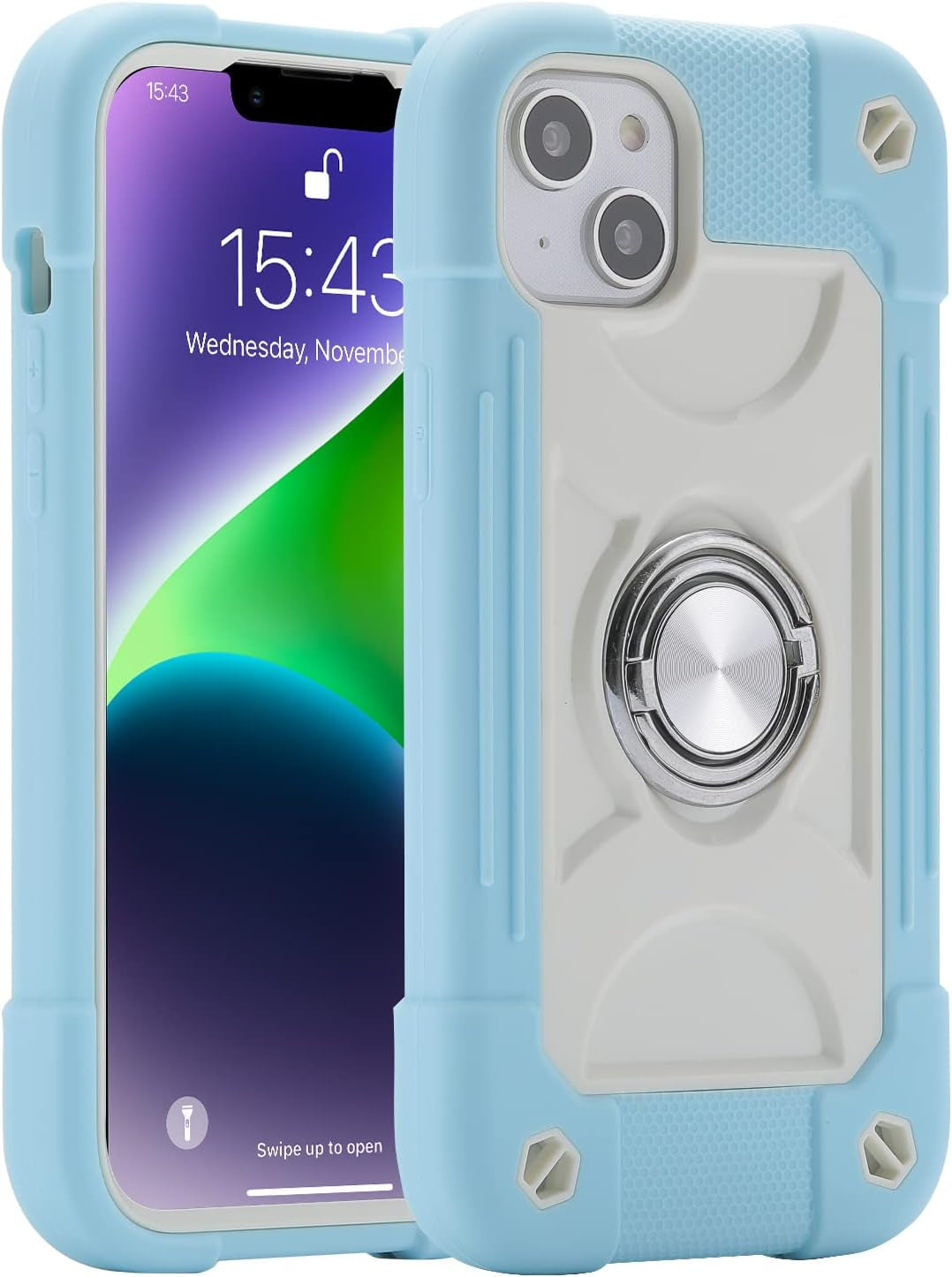 MARKILL Compatible with Iphone 14 plus Case 6.7 Inch with 360 Degree Rotate Ring Stand, Military Grade Drop Protection Full Body Rugged Heavy Duty Protective Cover for Iphone 14 Plus. (Avocado) MARKILL Ice Blue