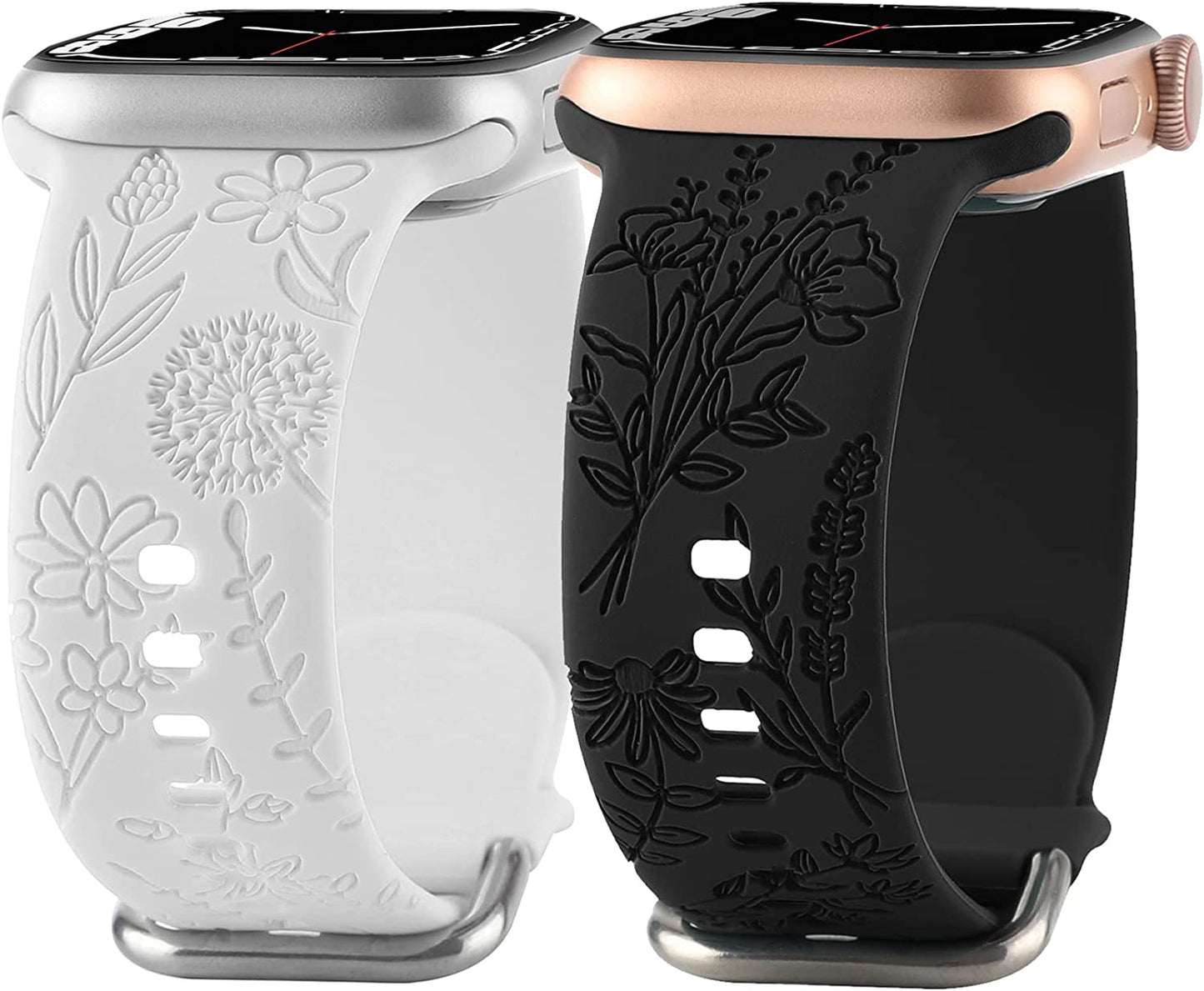 Flower Engraved Silicone Band Compatible with Apple Watch Bands 38Mm 40Mm 41Mm, Cute Women Wildflowers Floral Design Soft Sport Strap Replacement Wristbands for Iwatch Series 8 7/SE/6/5/4/3/2/1 FERJITGR Black White 38/40/41mm