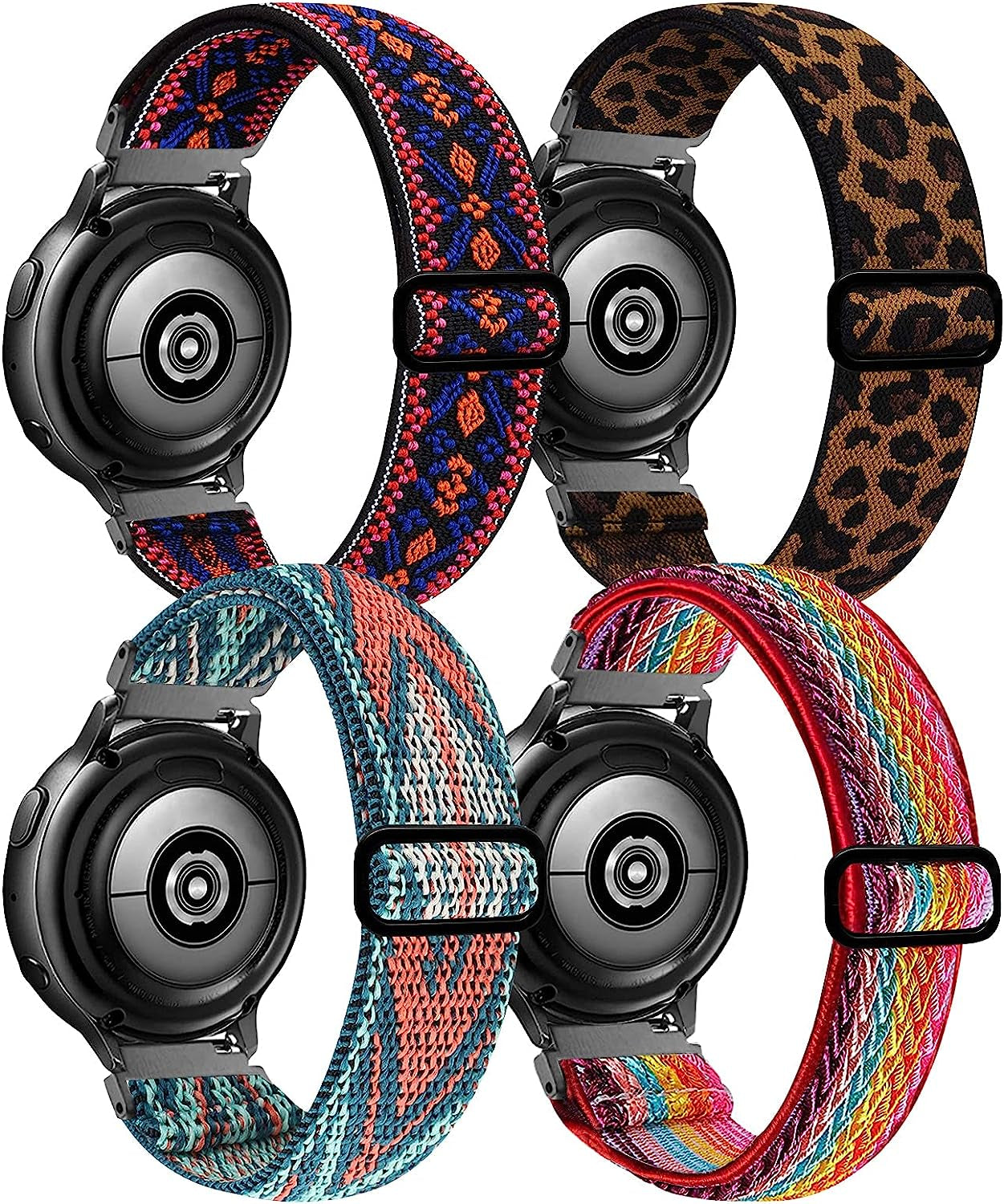 20Mm Stretchy Band Compatible with Samsung Galaxy Watch 5/4 40Mm 44Mm/Watch 5 Pro 45Mm/Watch 4 Classic 42Mm 46Mm/Watch 3 41Mm/Galaxy Watch 42Mm/Active 40Mm/Active 2 40 44Mm, Nylon Strap for Men Women POHNUI Aztec Red+Leopard+Green Arrow+Rainbow