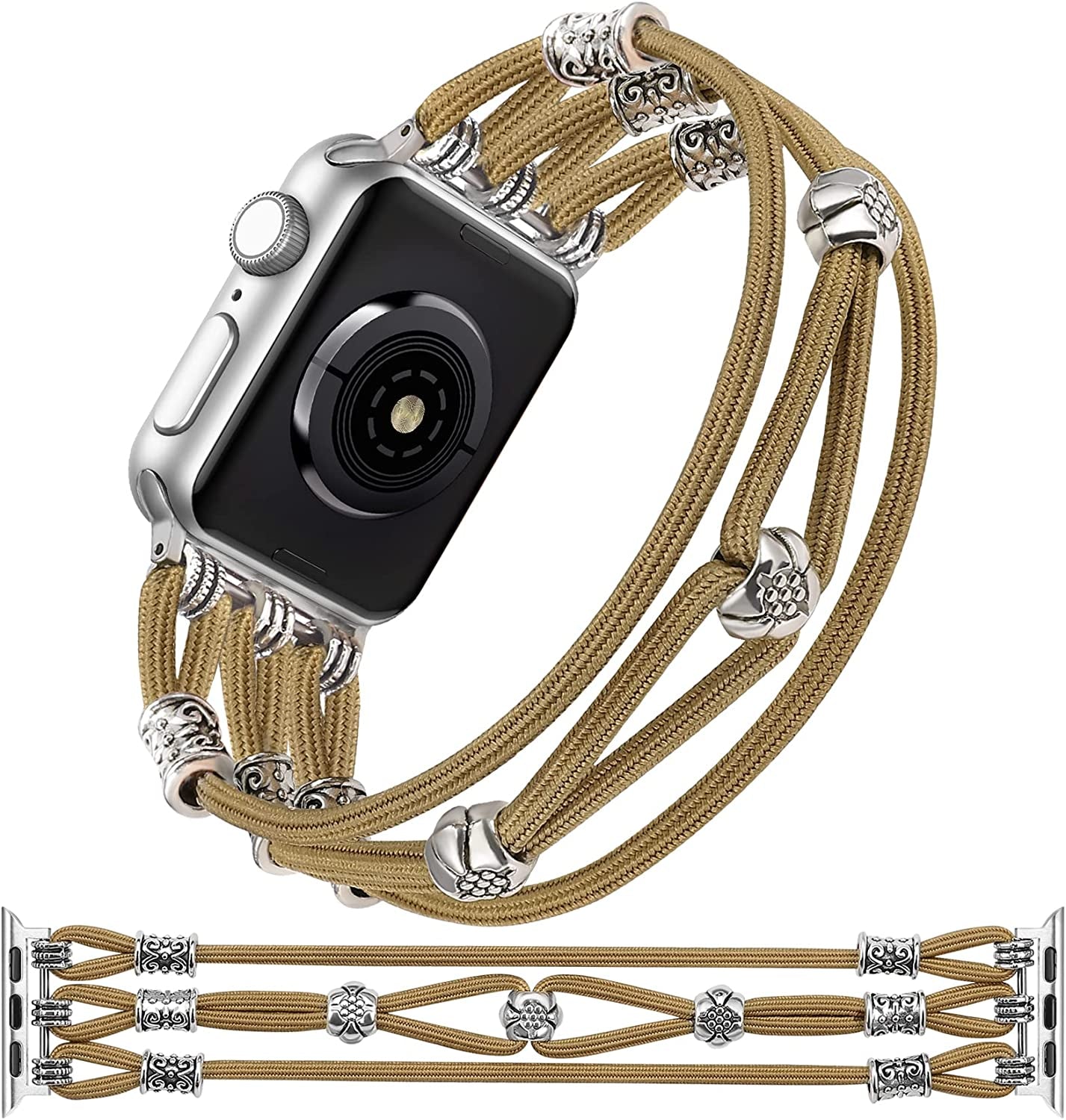 TOYOUTHS Beaded Bracelet Compatible with Apple Watch Band 38Mm 40Mm 41Mm Women, Premium Braided Nylon Elastic Stretchy Boho Cute Fancy Charms Solo Loop Strap for Iwatch Series 8/SE/7/6/5/4/3/2/1, M TOYOUTHS Khaki 38mm/40mm/41mm L