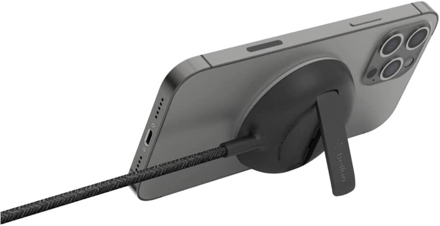 Belkin Wireless Charger Fast Charging up to 15W with Official Made for Magsafe Module and Pad Style, Kick Stand for Iphone 14, 14 Plus, 14 Pro, 14 Pro Max, 13, 12, and Other Magsafe Iphones Belkin Black Without Power Supply