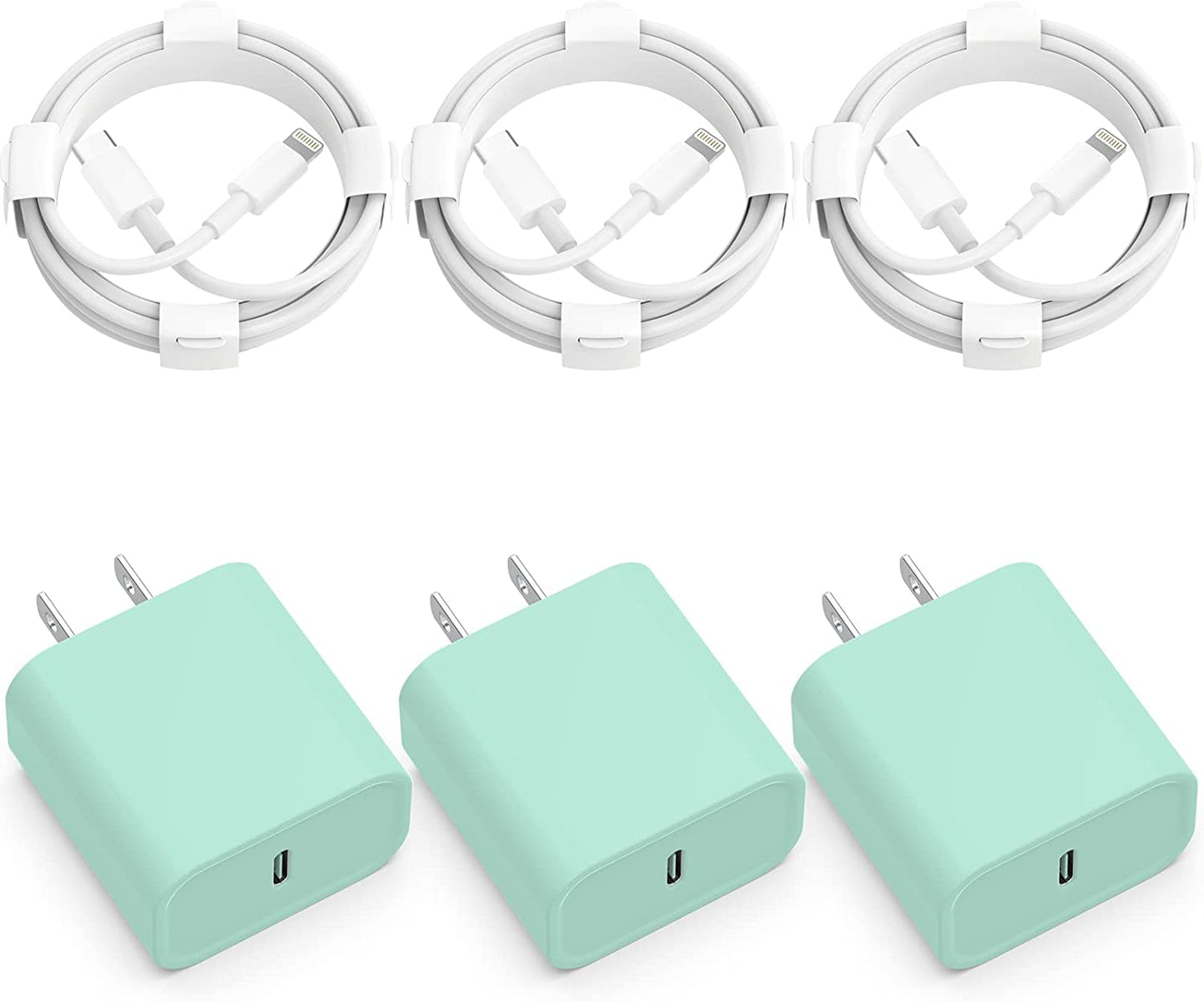3-Pack Iphone 14 13 12 11 Fast Charger,【Apple Mfi Certified】 20W PD USB C Wall Charger 6FT Cable Fasting Charging Adapter Compatible with Iphone 14Pro/13 Pro/12/12 Pro Max/11 Pro Max/Xs Max/Xs/Xr/X/8 CQDKWG Green