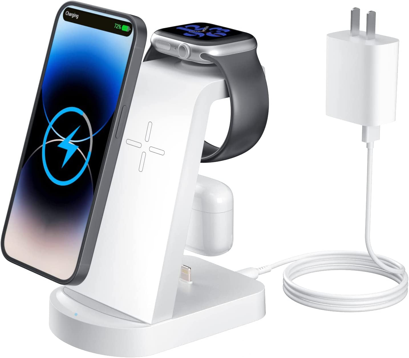 Wireless Charging Station - 3 in 1 Wireless Charger for Iphone 14/13 Pro/13/12/11 Pro Max/X/Xs/8/8 Plus,Wireless Charging Stand Dock for Apple Watch Series Airpods 3/2/1/Pro(With Adapter) INNISTO White