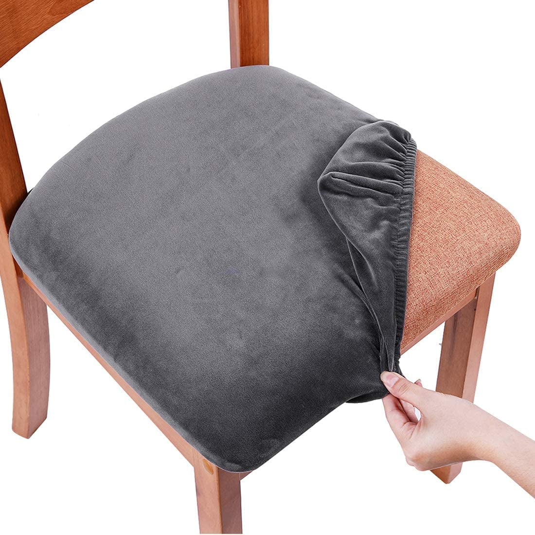 Smiry Original Velvet Dining Chair Seat Covers, Stretch Fitted Dining Room Upholstered Chair Seat Cushion Cover, Removable Washable Furniture Protector Slipcovers with Ties - Set of 2, Black smiry Dark Grey 6Pcs