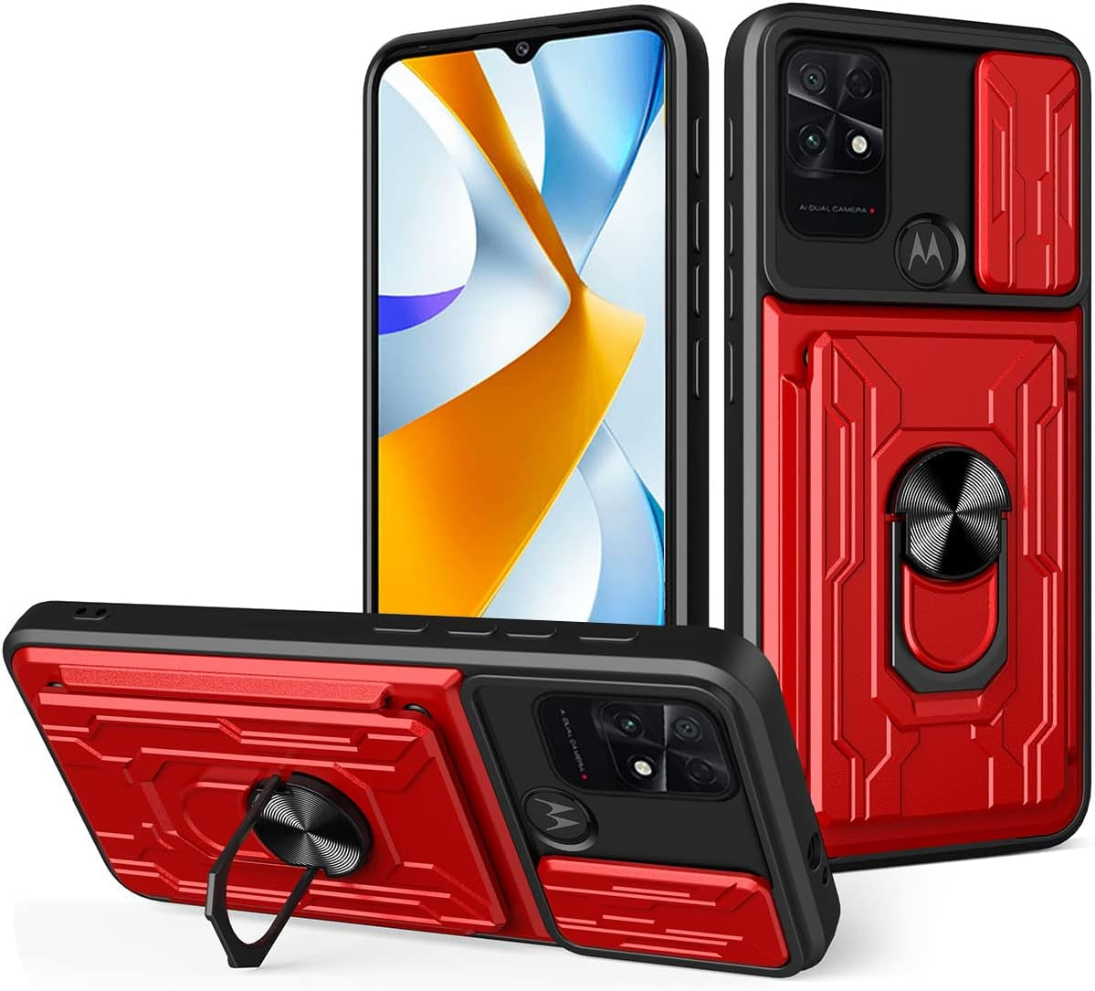 Ccsmall for Xiaomi Poco C40 Case Sliding Window Case with Card Holders, Cover with Slide Camera Protection Built-In Magnetic Kickstand Case for Xiaomi Poco C40 LJK Black CCSmall Red Xiaomi Poco C40
