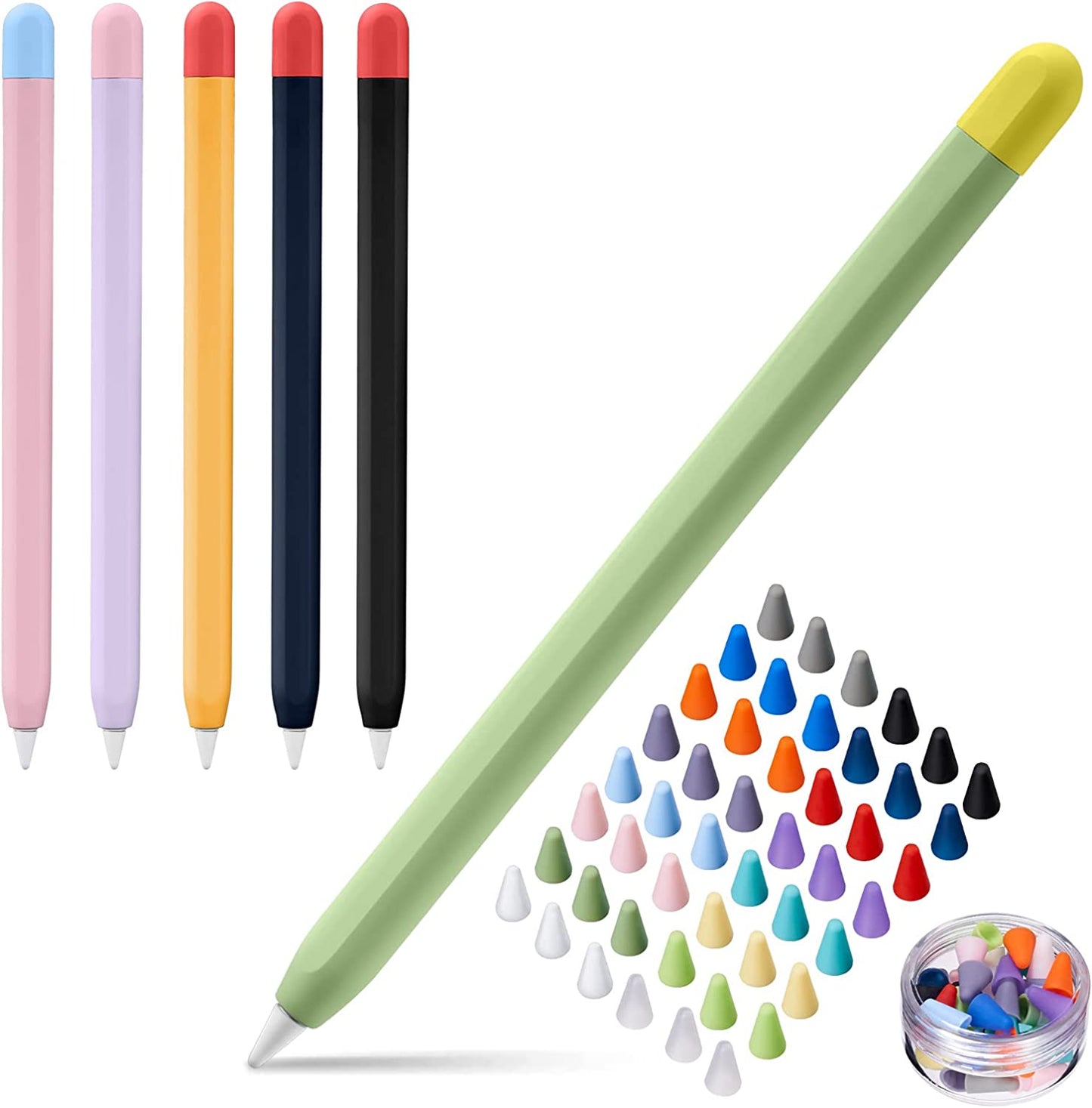 LINGXIU 2 Pack Silicone Case Cover Compatible with Apple Pencil 2Nd Generation, Slim Lightweight Pencil Case Skin Sleeve Accessories and 16 Pcs Nib Covers,16 Colors LINGXIU Pink + Orange + Navy blue + Black + Purple + Grass green
