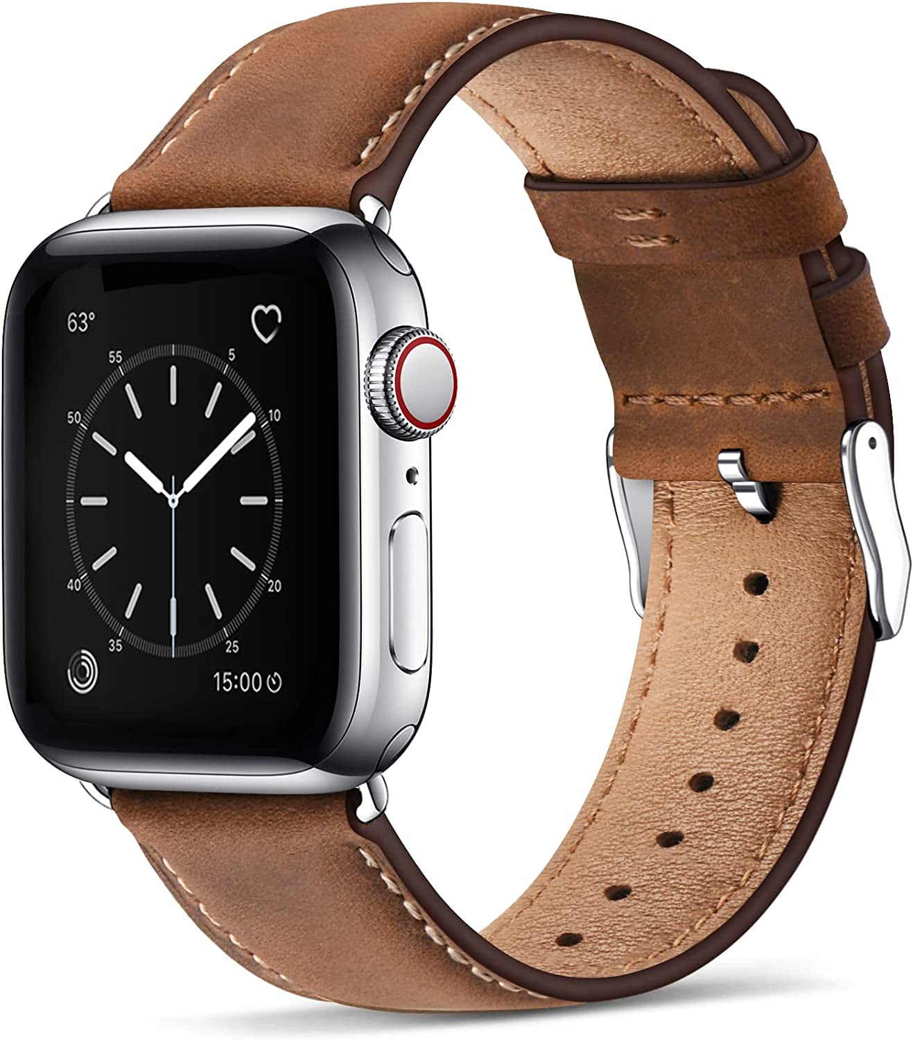 SUNFWR Leather Bands Compatible with Apple Watch Band 49Mm 45Mm 44Mm 42Mm for Men Women, Top Grain Genuine Leather Replacement Strap for Iwatch Ultra SE2 SE Series 8 7 6 5 4 3 2 1 SUNFWR Red Brown/Silver 38mm 40mm 41mm