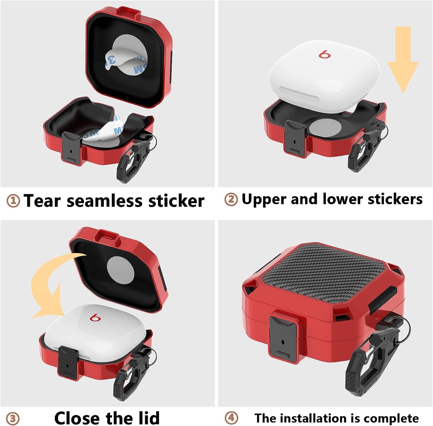 Wowwat Compatible Beats Fit Pro Case Cover with Lock Clip,Carbon Fiber Texture Full Body Rugged Case for Men Women Shockproof,With Beats Accessories Carbon Fiber Keychain/Storage Box (Red) Wowwat