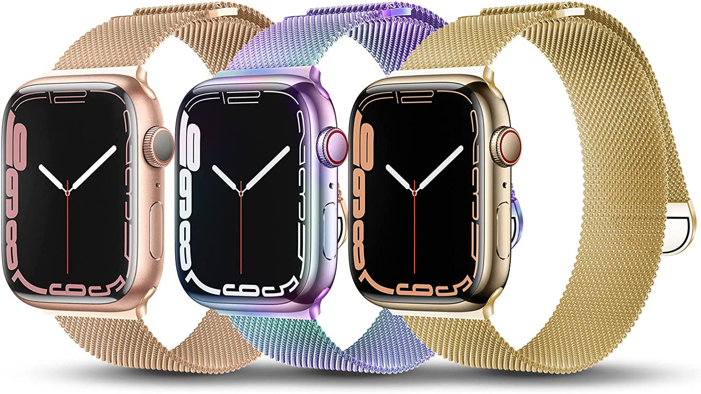 TRA 3 Pack Metal Stainless Steel Bands Compatible with Apple Watch Band 49Mm 45Mm 44Mm 42Mm 41Mm 40Mm 38Mm, Magnetic Mesh Loop Strap Wristband for Iwatch Ultra Series 8/SE/7/6/5/4/3/2/1 Men Women TRA Rose Gold/Multicolour/Gold 38/40/41mm