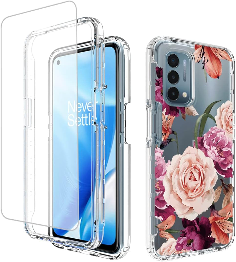 Ueokeird Case for Oneplus Nord N200 5G Case, DE2117 Case with Tempered-Glass Screen Protector, Clear Butterfly Pattern Full Body Protective Phone Cover Cases for Oneplus Nord N200 5G (Butterfly Tree) Ueokeird Purple Flower