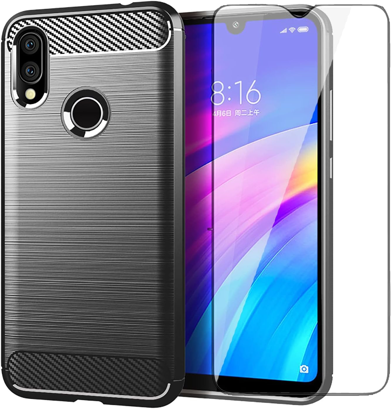 Asuwish Phone Case for Xiaomi Redmi 7/Y3 with Tempered Glass Screen Protector Cover and Cell Accessories Soft Silicone Slim Rubber Full Body Protective Redmi7 Redmiy3 Women Men Carbon Fiber Navy Black Asuwish Grey