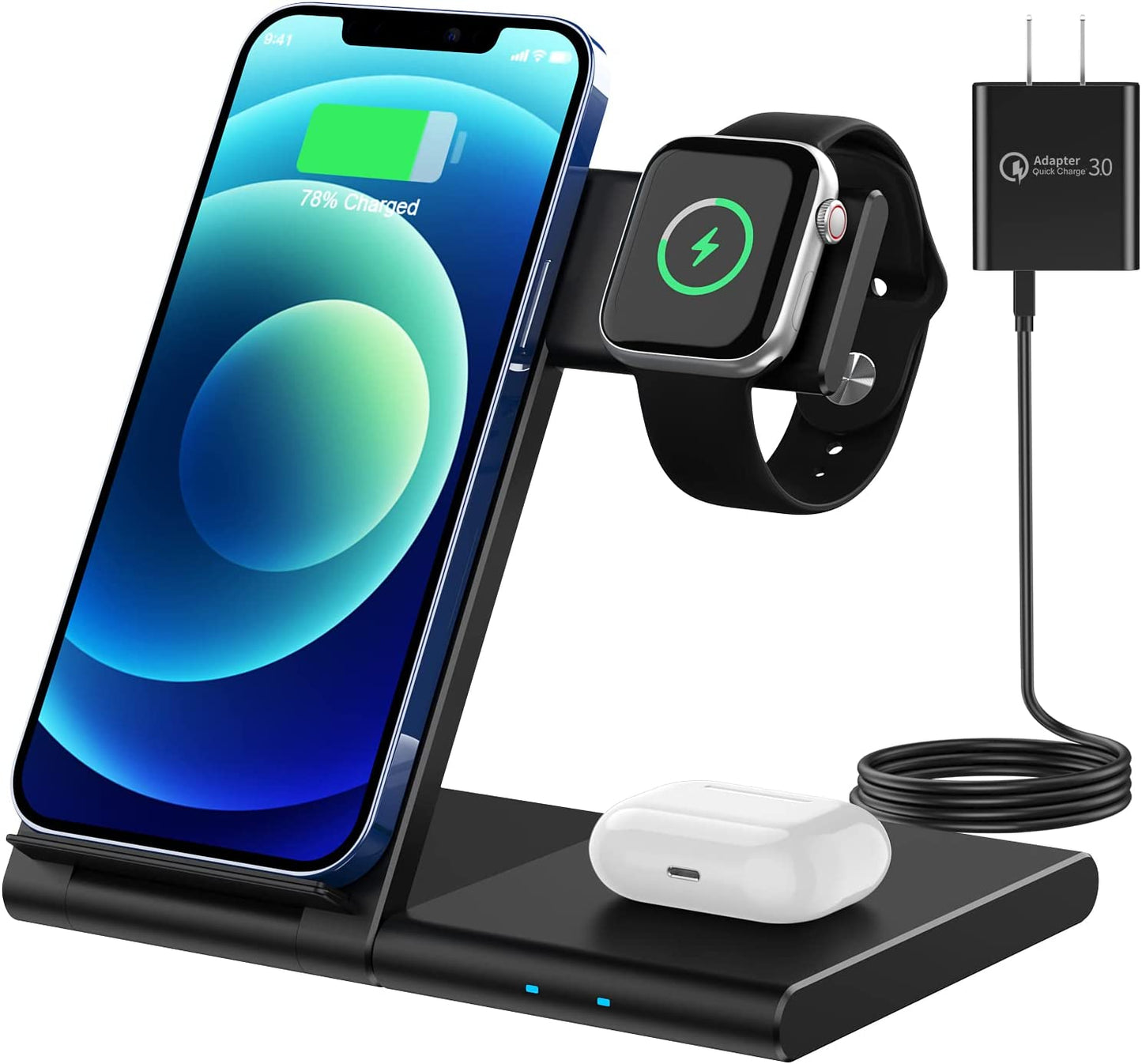 Wireless Charging Station WATOE 3 in 1 Fast Wireless Charger Stand Foldable for Iphone 14/13/12/11 (Pro, Pro Max)/Xs/Xr/X/8 (Plus), Apple Watch Series 8/7/6/SE/5/4/3/2 & Airpods 3/2/Pro with Adapter Bormmie Black Grey