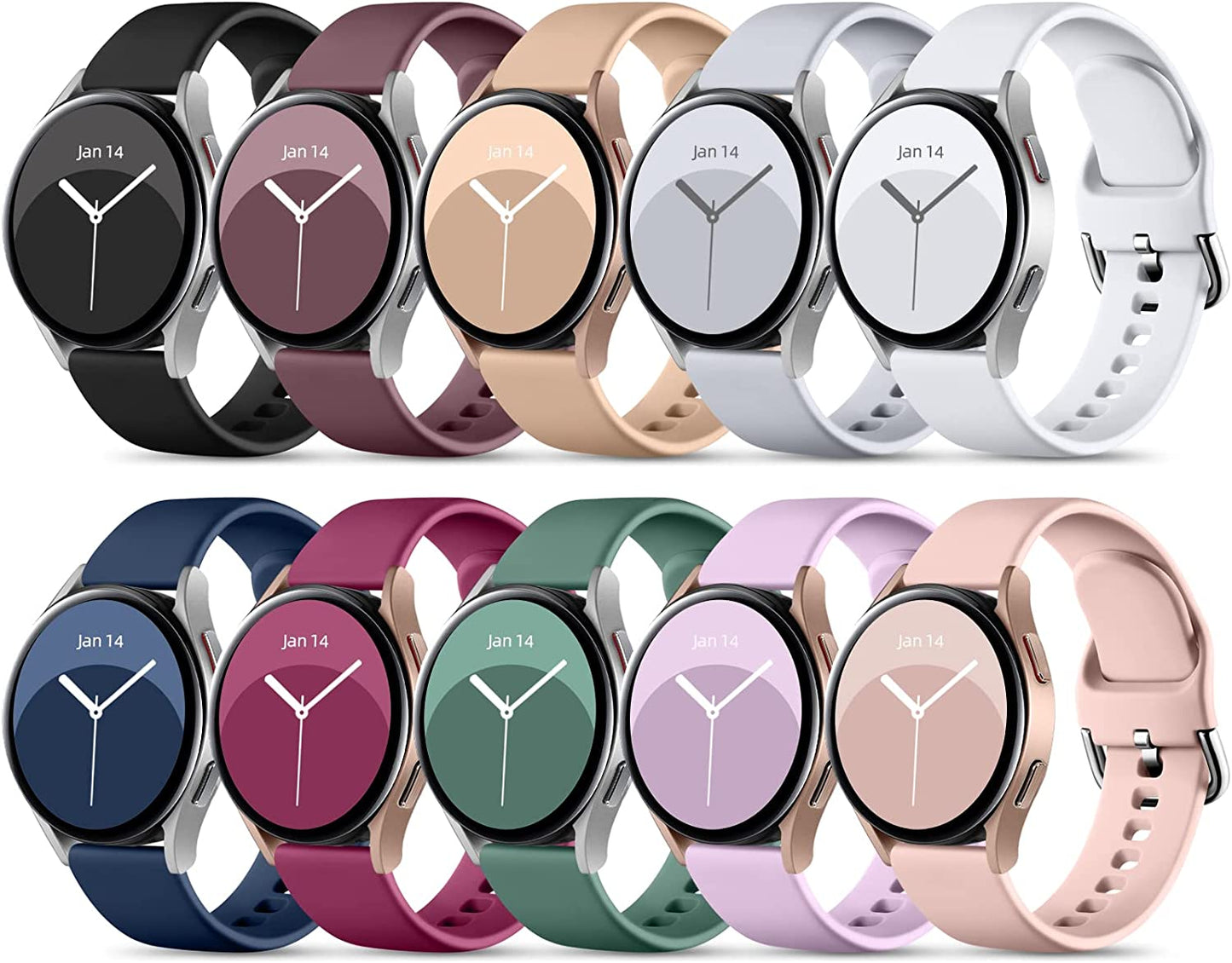Daqin 10 Pack Band Compatible with Samsung Galaxy Watch 4/Galaxy Watch 5 Band 40Mm 44Mm/Galaxy Watch 5 Pro 45Mm/Samsung Active 2 Bands, 20Mm Soft Silicone Sport Strap Wristbands for Women Men Xuchangjiansenshangmaoyouxiangongsi Navy Blue/Black/Milk Tea/Smokey Mauve/Gray/Pine Green/Fuchsia/White/Lavender/Pink Sand Small