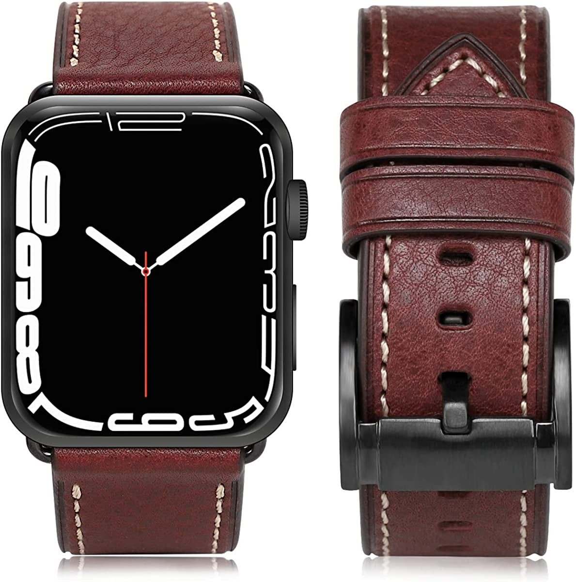 HUAFIY Compatible for Apple Watch Bands 42Mm 44Mm45Mm 49Mm 38Mm 40Mm41Mm, Genuine Leather Band Strap for Iwatch Series 8,7,6,5,4,3,2,1, Ultra Sport SE huahuei Red wine Black buckle 42mm 44mm45mm49mm