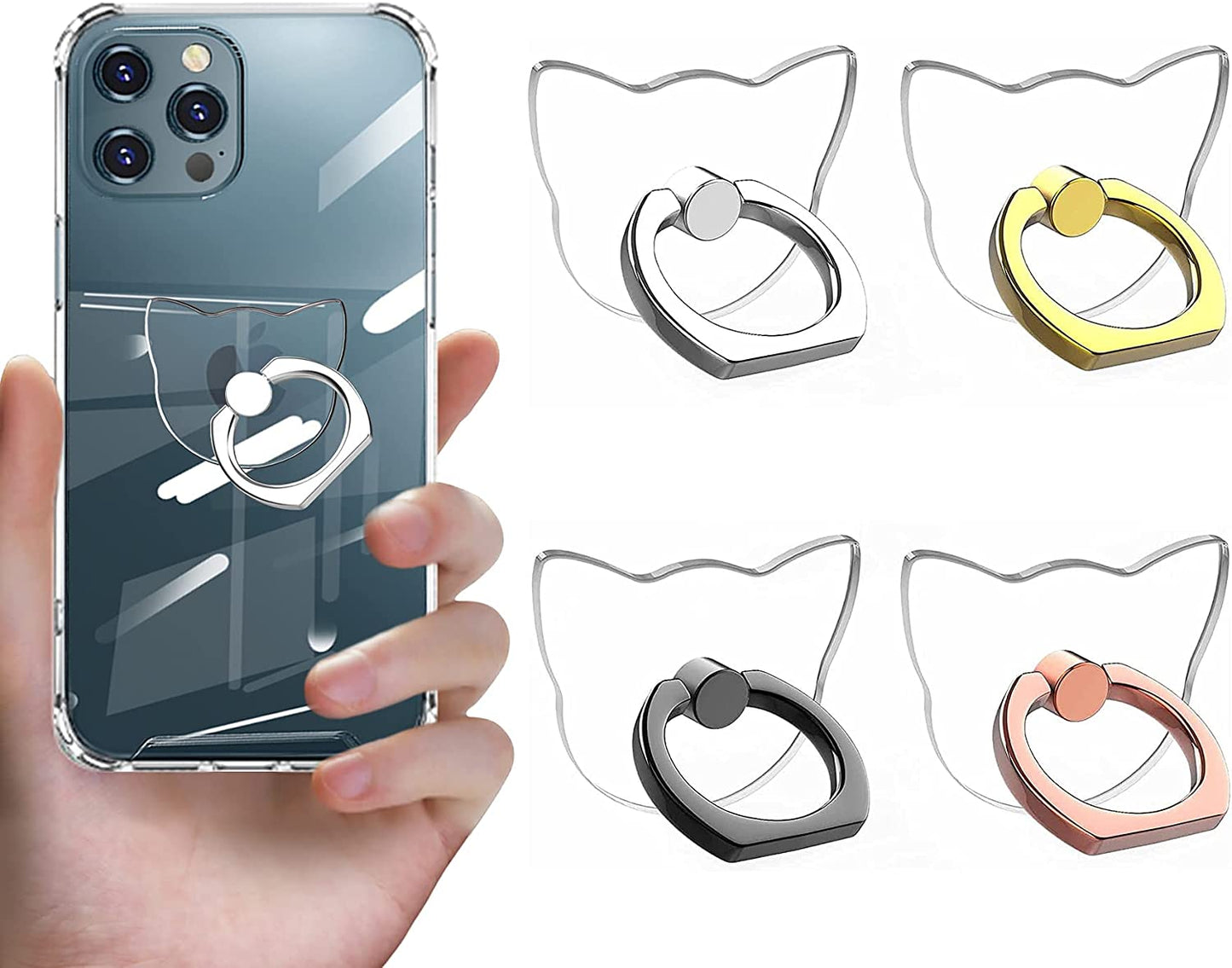 Vesmatity Colorful Cell Phone Ring Holder Stand 4 Pack Transparent Phone Ring Holder Clear Universal 360° Degree Rotation Finger Grip Ring Kickstand Compatible Various Mobile Phones or Phone Case VESMATITY cat-black sliver gold Rose gold-