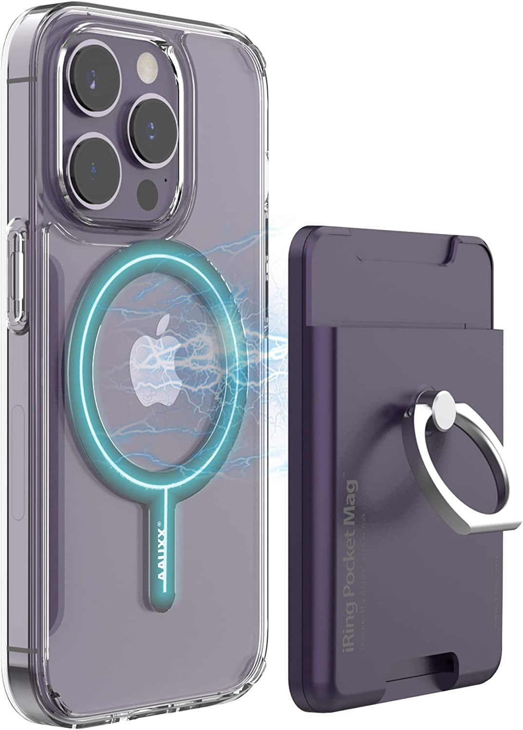 Iring Pocket Mag, Wallet Type Magnetic Phone Ring Grip & Kickstand, 2 Cards Holder, Compatible with Iphone, Magsafe & Wireless Chargers, Made in Korea (Clear) AAUXX Deep Purple