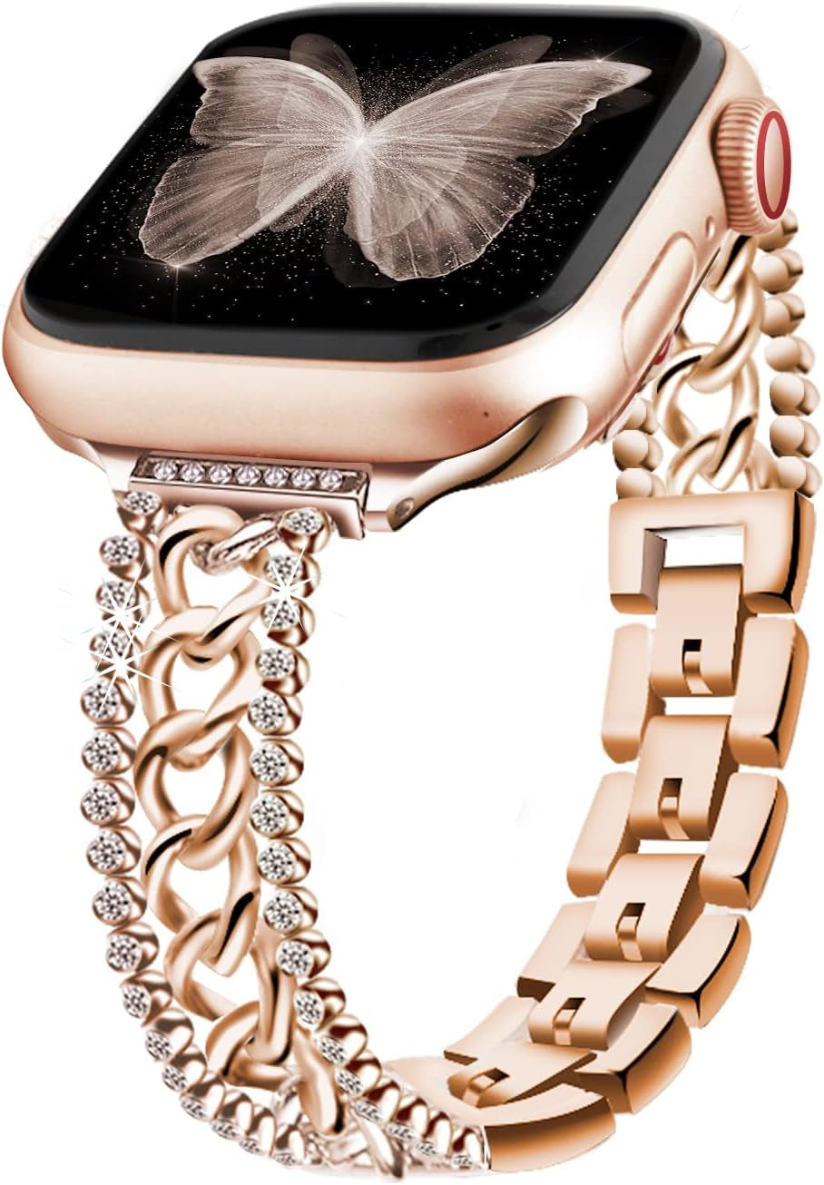 Beu1St Bling Chain Compatible with Apple Watch Band 42Mm 44 Mm 45Mm 49Mm, Women Dressy Glitter Diamond Rhinestone Stainless Steel Metal Bracelet Strap for Iwatch Series 8/7/6/5/4/3/2/1/SE Black beu1st Rose Gold 49/45/44/42mm(5.4-8.2inches)