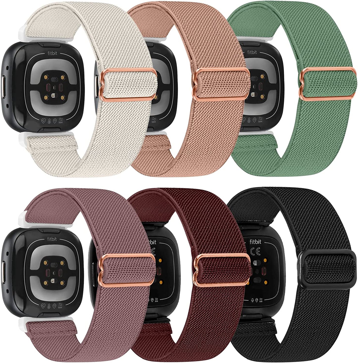 6 Packs Elastic Nylon Bands Compatible with Fitbit Versa 4 / Fitbit Sense 2 / Fitbit Versa 3 / Fitbit Sense, Adjustable Nylon Replacement Straps Wristband for Fitbit Versa 3/4 for Women Men HUYIIO Wine+Black+Nude Pink+Cactus+Smoke Violet+Starlight