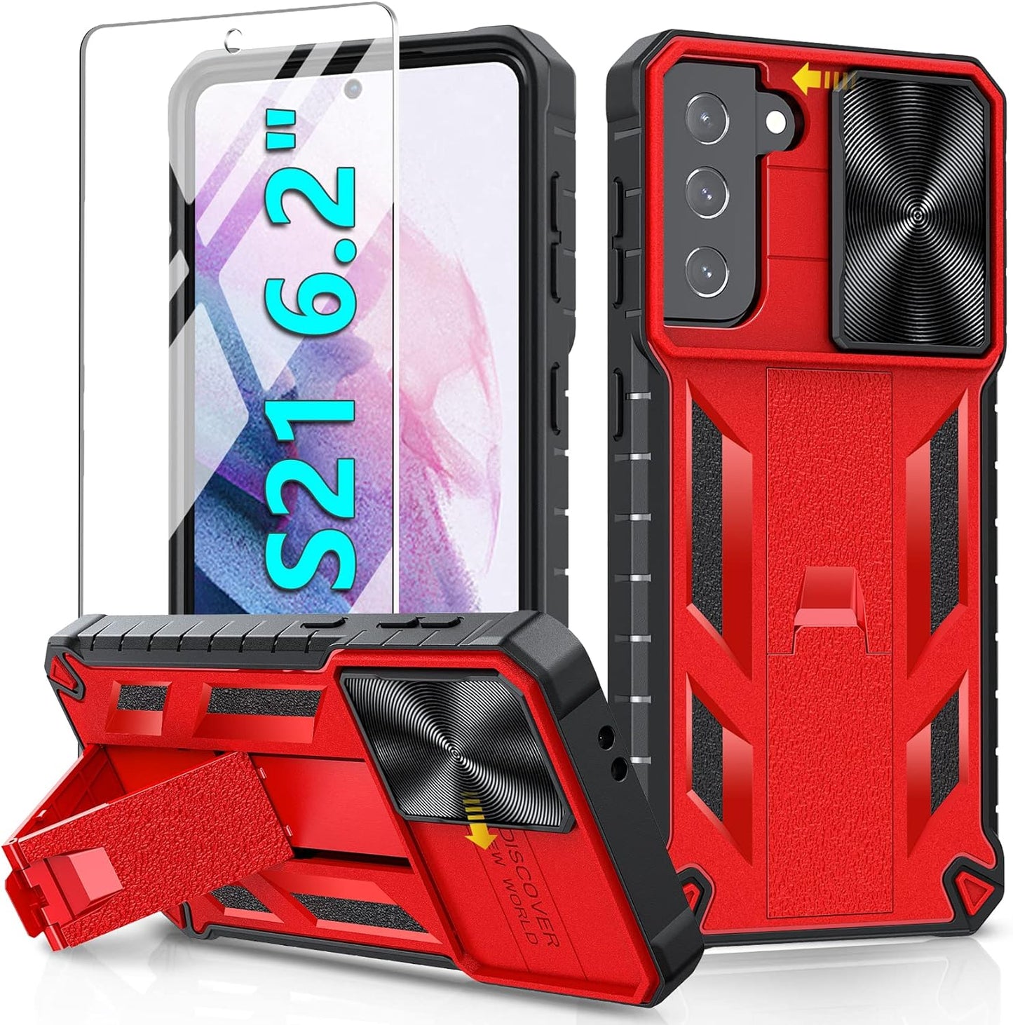 Soios for Samsung Galaxy S21 5G Case(๐๐๐ ๐๐ค๐ง ๐๐ก๐ช๐จ ๐๐ฎ๐ญ+ ๐ค๐ง ๐๐ก๐ฉ๐ง๐): Galaxy S21 5G 6.2" Case with Kickstand | Heavy Duty Protection Phone Cover | Durable Protective Shockproof Case SOiOS Red