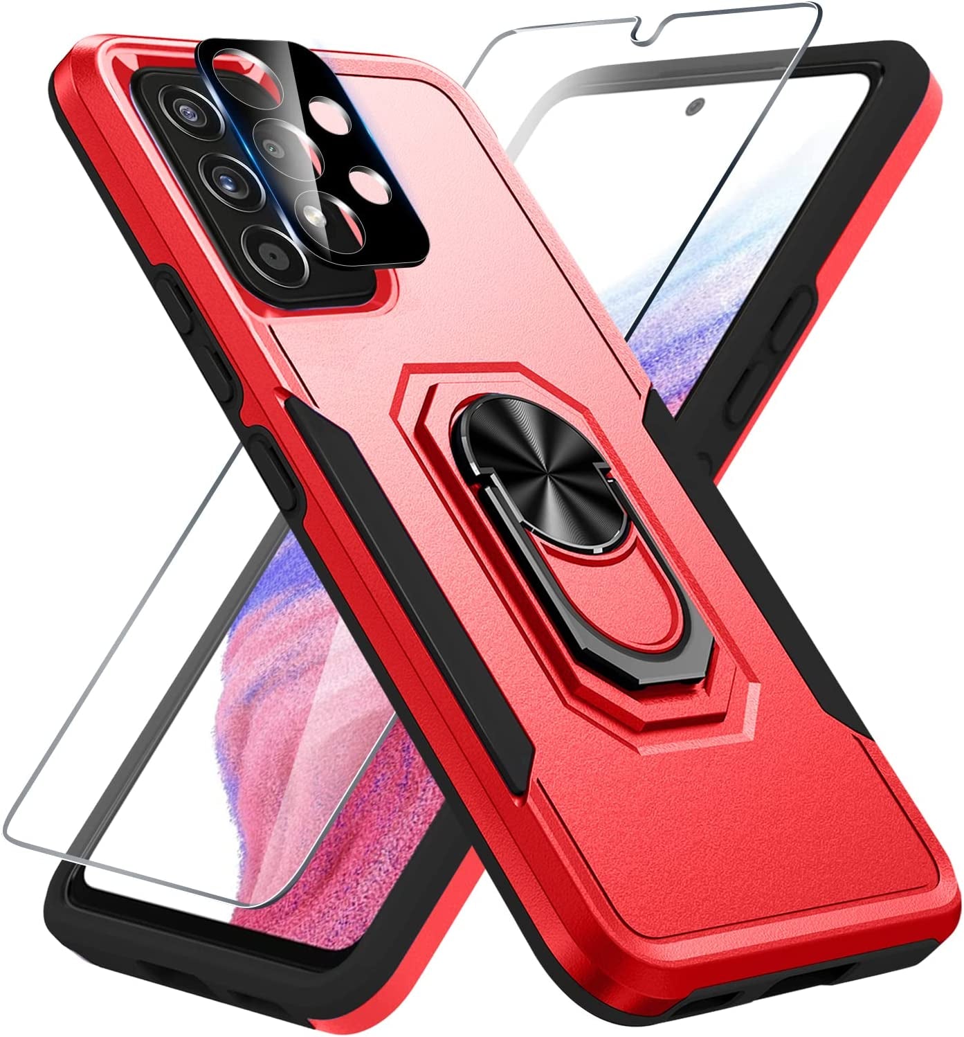 Samsung Galaxy A53 5G Case Built in Slide Camera Lens Cover and Screen Protector,Heavy Duty Shockproof Full Body Protective Phone Cover,Built in Finger Ring Stable Holder Kickstand,2022 Blue Janmitta Red Samsung A53(6.5 Inch)